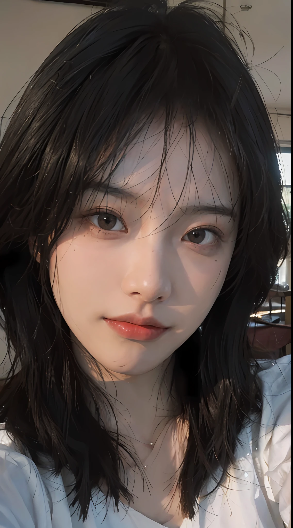 8K, Best Quality, Masterpiece, Ultra High Resolution, (Realism: 1.4), Original Photo, (Realistic Skin Texture: 1.3), (Film Grain: 1.3), (Selfie Angle), 1 Girl, Beautiful Eyes and Face Details, Masterpiece, Best Quality, Close-up, Upper Body, Looking at the Viewer