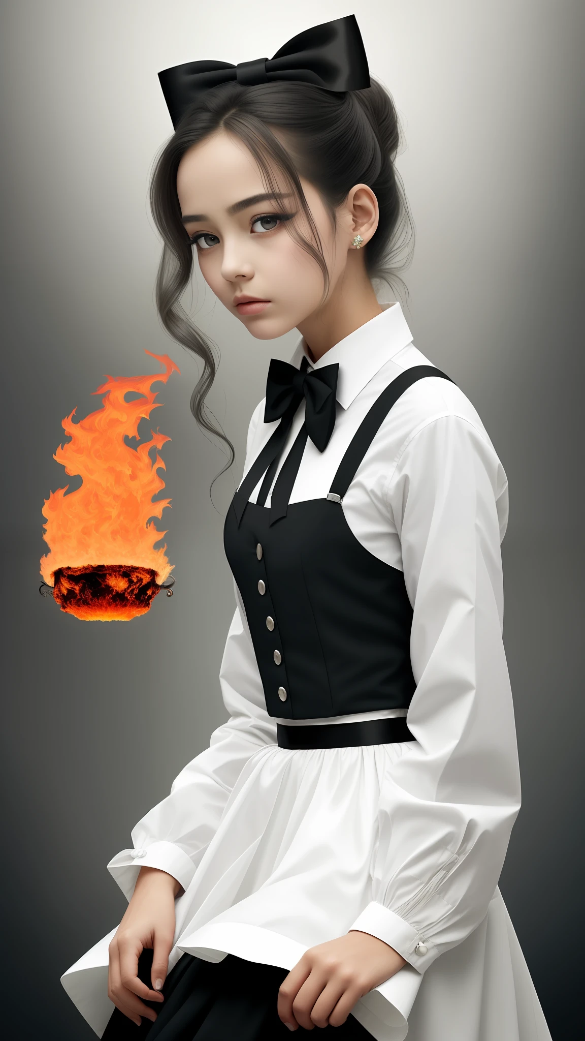 masterpiece, best quality, illustration, {Beauty Girl}, Beauty Girl, (Flames: 1.2), (Behind the Nuclear Explosion: 1.3), Rain, Fine Lighting, Fine Water, (Beauty Eyes: 1.1), Expressionless, Palace, Azure Hair, Disheveled Hair, Long Bangs, Hair Between Eyes, (Whitegrey Dress: 1.1), Black Ribbon, White Bow Tie, Abdomen, Big Forehead, Blank Stare, Flower, Long Sleeve