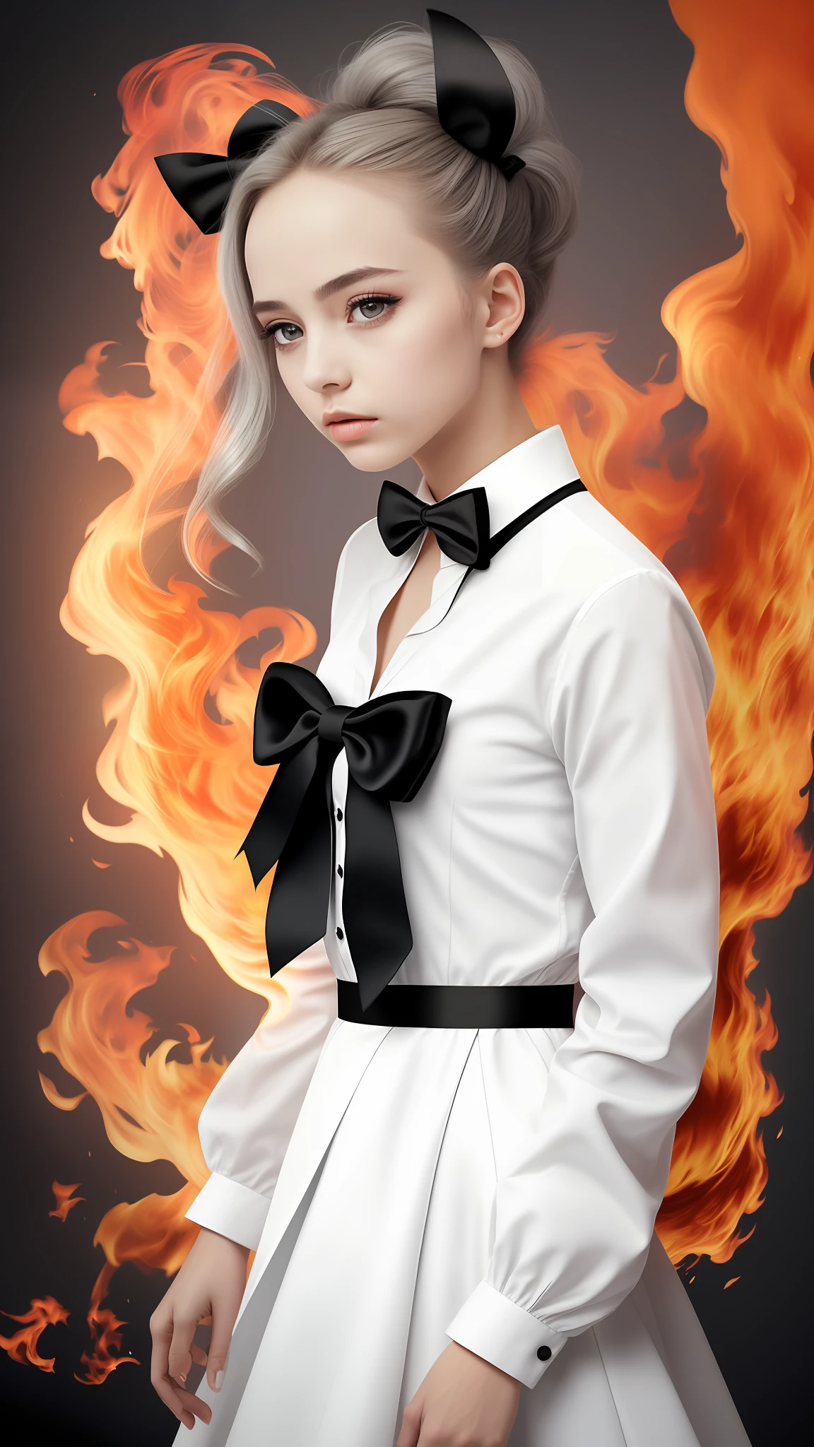 masterpiece, best quality, illustration, {Beauty Girl}, Beauty Girl, (Flames: 1.2), (Behind the Nuclear Explosion: 1.3), Rain, Fine Lighting, Fine Water, (Beauty Eyes: 1.1), Expressionless, Palace, Azure Hair, Disheveled Hair, Long Bangs, Hair Between Eyes, (Whitegrey Dress: 1.1), Black Ribbon, White Bow Tie, Abdomen, Big Forehead, Blank Stare, Flower, Long Sleeve