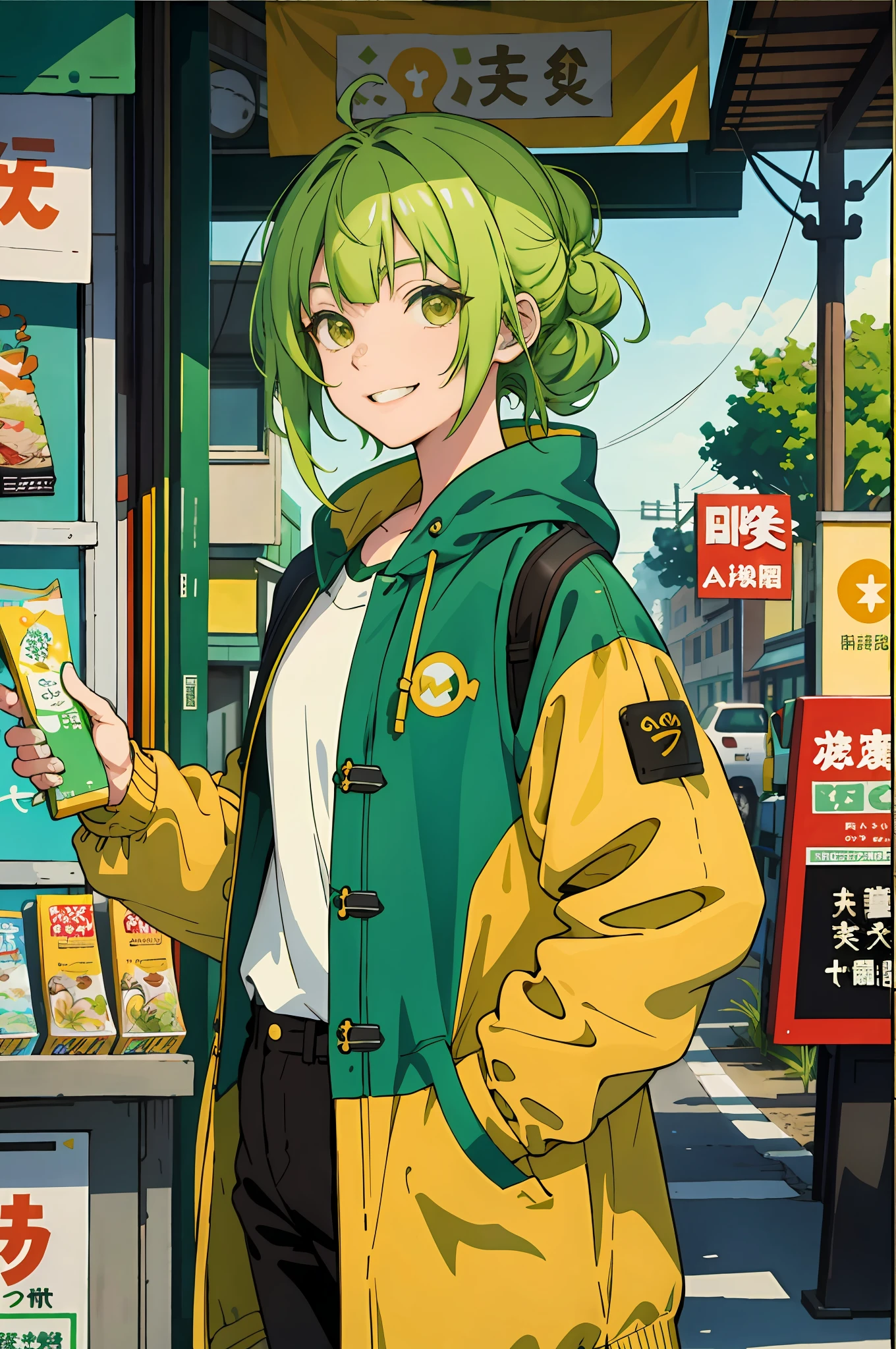 Green hair, Asperm hairstyle, brown eyes, wearing a yellow casual coat, standing in front of a convenience store with a sunny, vibrant anime female character smiling. The painting draws on Shin hanga and pixiv creatives and draws inspiration from anime boy moe art. The light is bright and intense, the contrast between light and dark is strong, and the picture has the visual effect of Tyndall light.