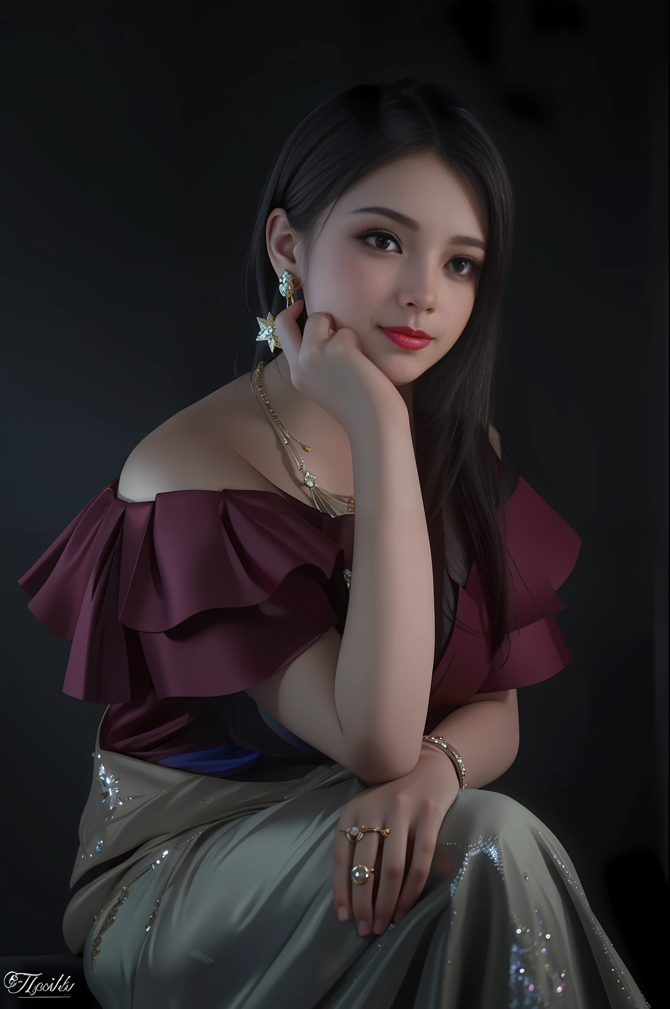 best quality, masterpiece, highres, 1girl,blush,(seductive smile:0.8),star-shaped pupils,necklace, jewelry,Beautiful face,upon_body, tyndall effect,photorealistic, dark studio, rim lighting, two tone lighting,(high detailed skin:1.2), 8k uhd, dslr, soft lighting, high quality, volumetric lighting, candid, Photograph, high resolution, 4k, 8k, Bokeh,beautiful dress