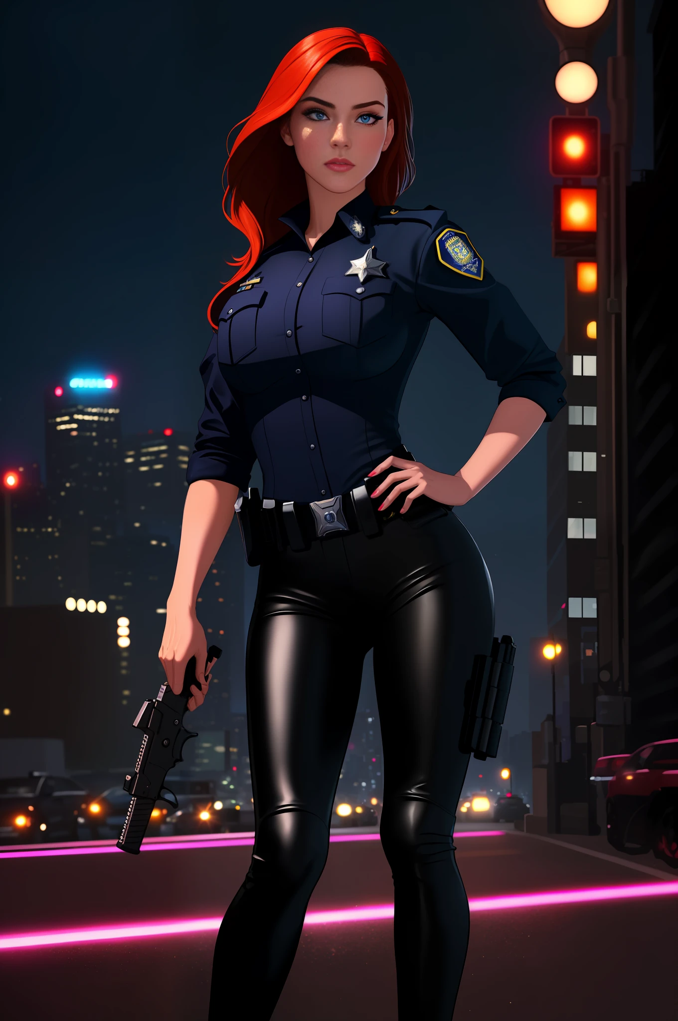 ((best quality)), ((masterpiece)), ((ultra realistic)), french redhead, beautiful detailed face, detailed eyes, sexy police woman, dressed in a los angeles police officer's uniform, city backdrop, neon edge lighting, highly detailed, professional, bare legs, full body, standing, hip pistol holster, black pants,