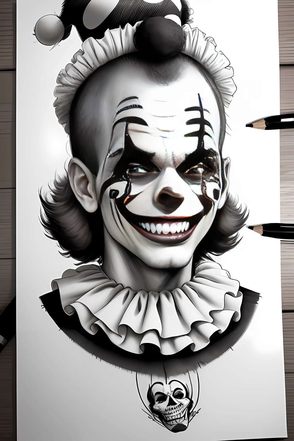a drawing of a clown with a big smile on his face, arte lowbrow style, clown face, grotesque joker, lowbrow art style, portrait skull clown, professional sketch, portrait death clown, sketch tattoo, highly detailed portrait, bozo the clown. clown motif, realism tattoo drawing, chicano airbrush art, the money of clowns, detailed portrait
