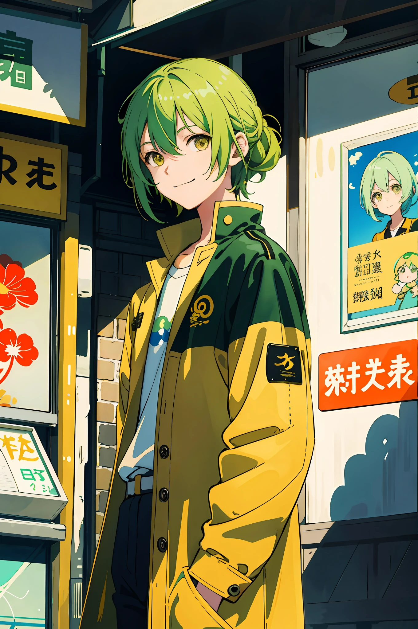 Green hair, Asperm hairstyle, brown eyes, wearing a yellow casual coat, standing in front of a convenience store with a sunny, vibrant anime female character smiling. The painting draws on Shin hanga and pixiv creatives and draws inspiration from anime boy moe art. The light is bright and intense, the contrast between light and dark is strong, and the picture has the visual effect of Tyndall light.