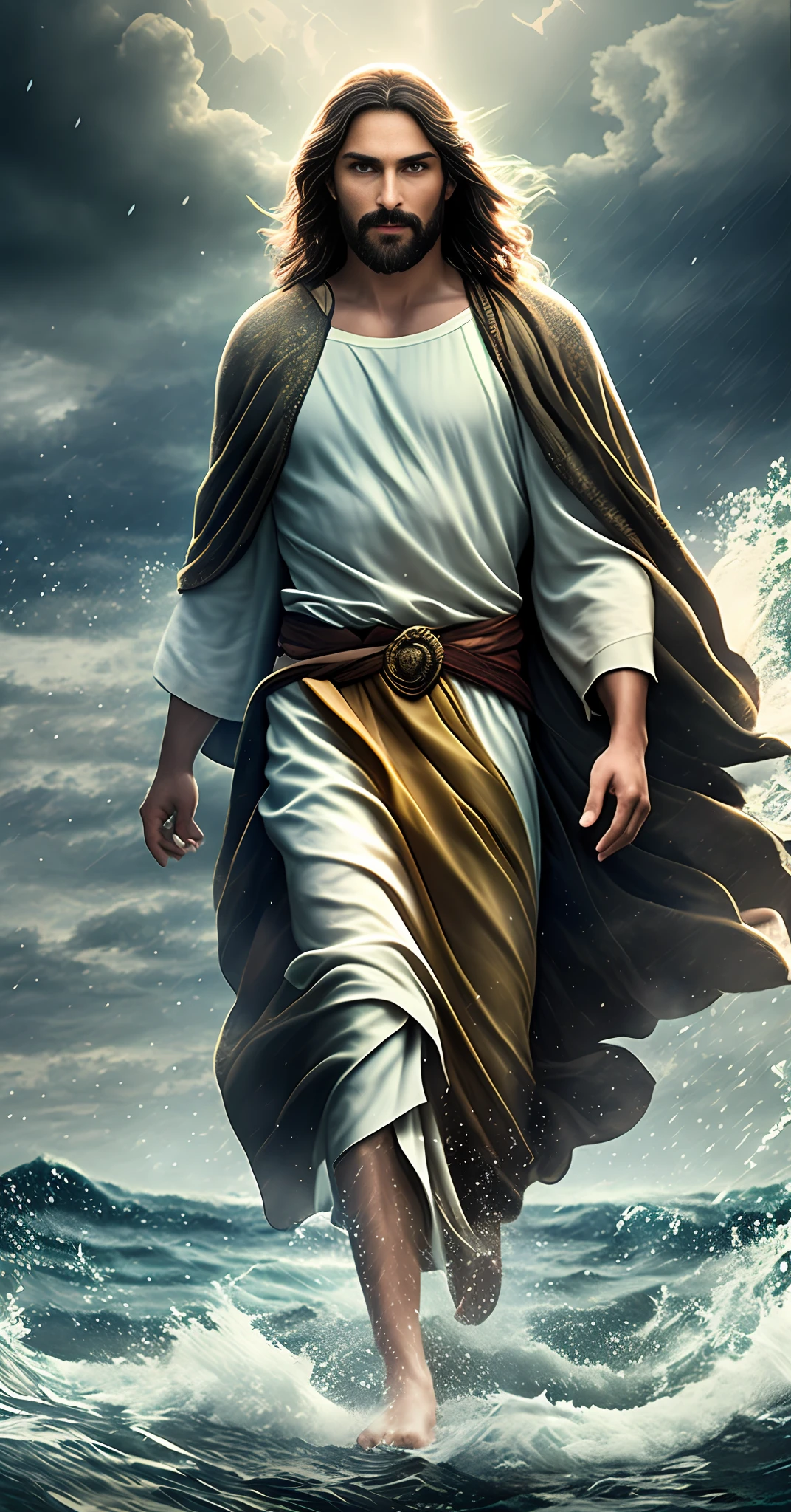 jesus walking on water in the middle of a storm at sea, rain, masterpiece, best quality, high quality, 8k unit wallpaper CG extremely detailed, award-winning photography, Bokeh, Depth of Field, HDR, bloom, chromatic aberration, photorealistic, extremely detailed, trend in artstation, trend in CGsociety, intricate, high detail, dramatic, art in the middle of the journey, volumetric lighting