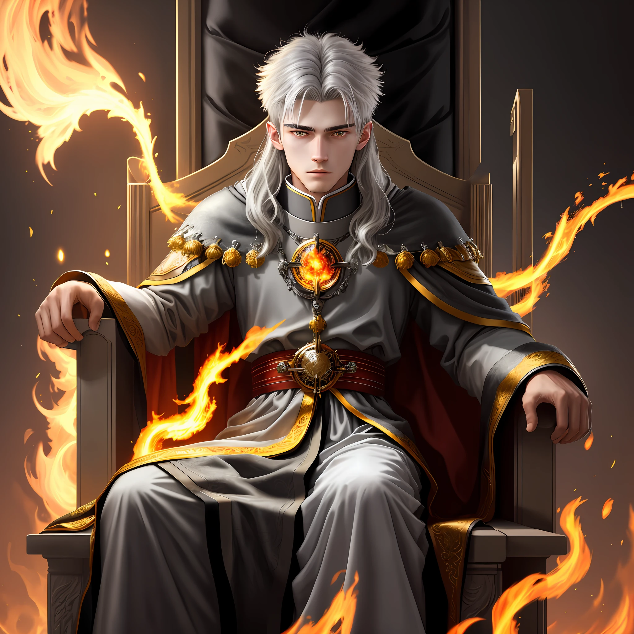High detail, clarity, 8kk, Throne of fire, young guy, 18 years old, light gray hair, yellow eyes, standing near the throne of fire, realism, fentesch