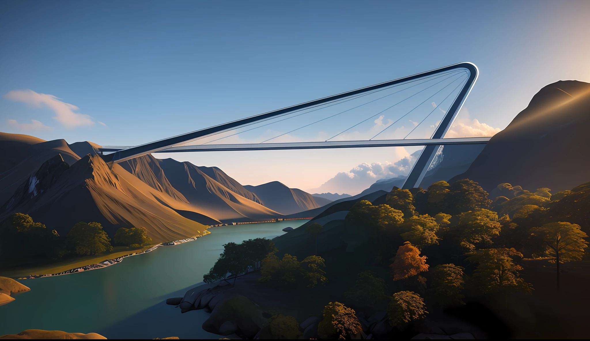 A picture of a mountain with a bridge, a suspension bridge! , connected to suspension bridge!!, V Ray, flyover, detail rendering, concept rendering, rendering in Keyshot, flyover, 3D rendering, rendering in Cryengine, Lumion rendering, concept art, height rendering