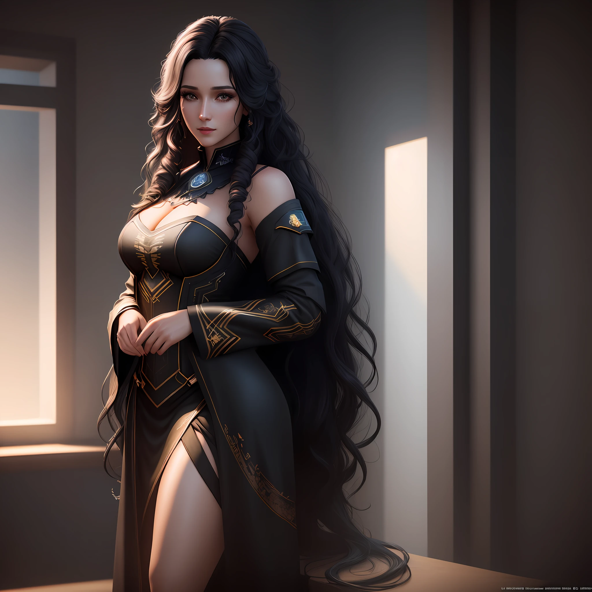 a beautiful woman, long black curly hair, 8k, Very detailed, Cinematic lighting, Unreal engine, Octane render,Photorealistic