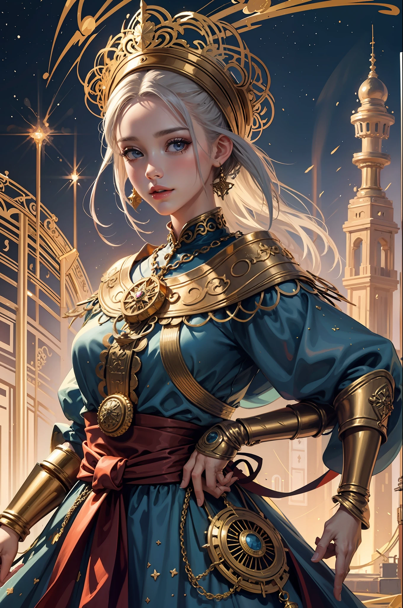 PerfectNwsjMajic, (Masterpiece, Top Quality, Best Quality, Official Art, Beauty and Aesthetics: 1.2), (1 Girl), Extreme Detail, Colorful, Supreme Detail, Official Art, Unity 8k Wallpaper, Ultra Detailed, Beautiful and Aesthetic, Beautiful, Masterpiece, Best Quality, (Zentangle, Mandala, Tangled, Entangled), Holy Light, Gold Leaf, Gold Foil Art, Glitter Drawing, Ribbon