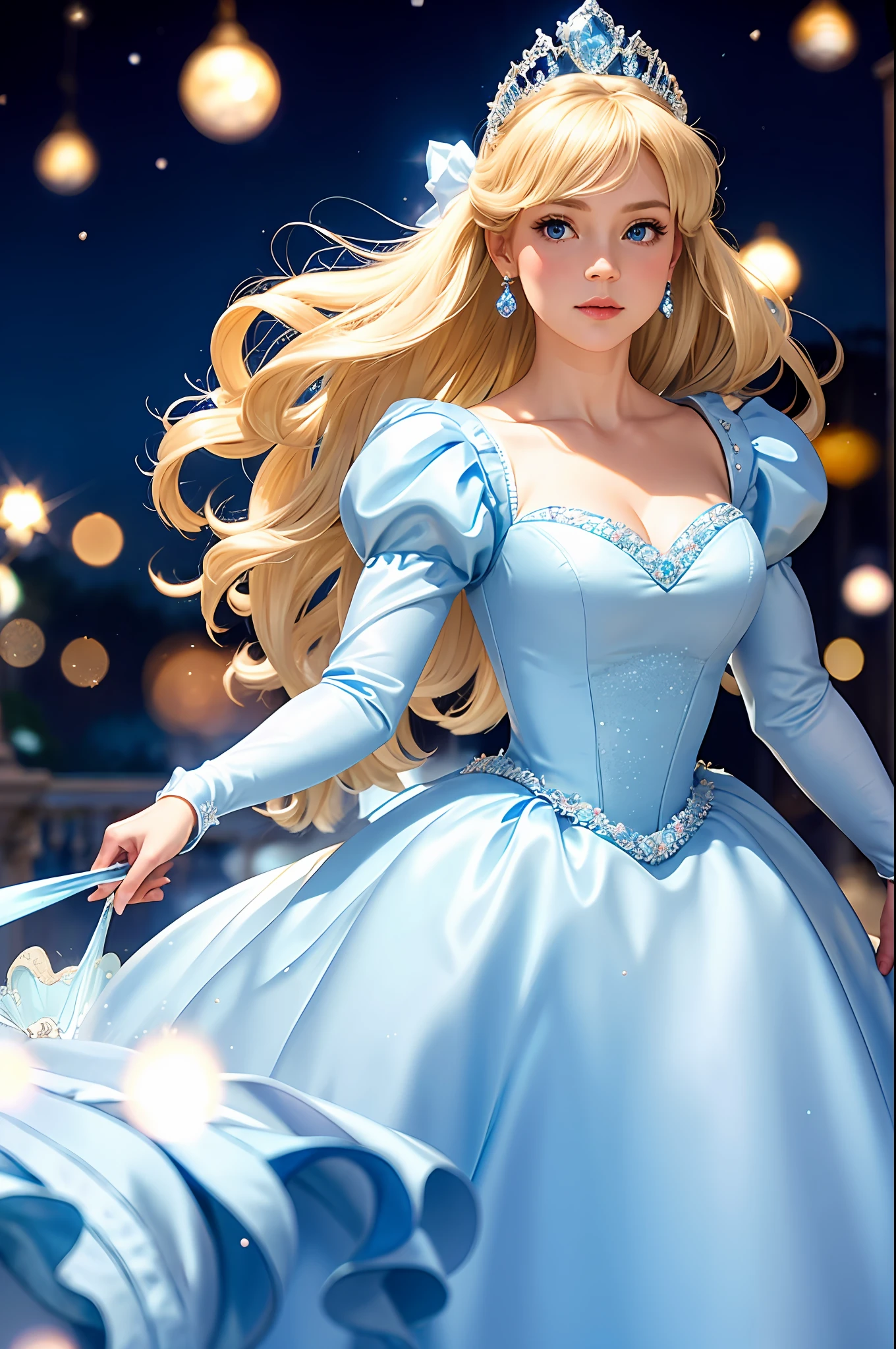 (Gorgeous Cinderella:1.2),coronation,white ballgown,huge puffed sleeves,enormous hoopskirt, blonde hair, blue eyes,sparkling tiara, soft lighting,slightly blurred background.