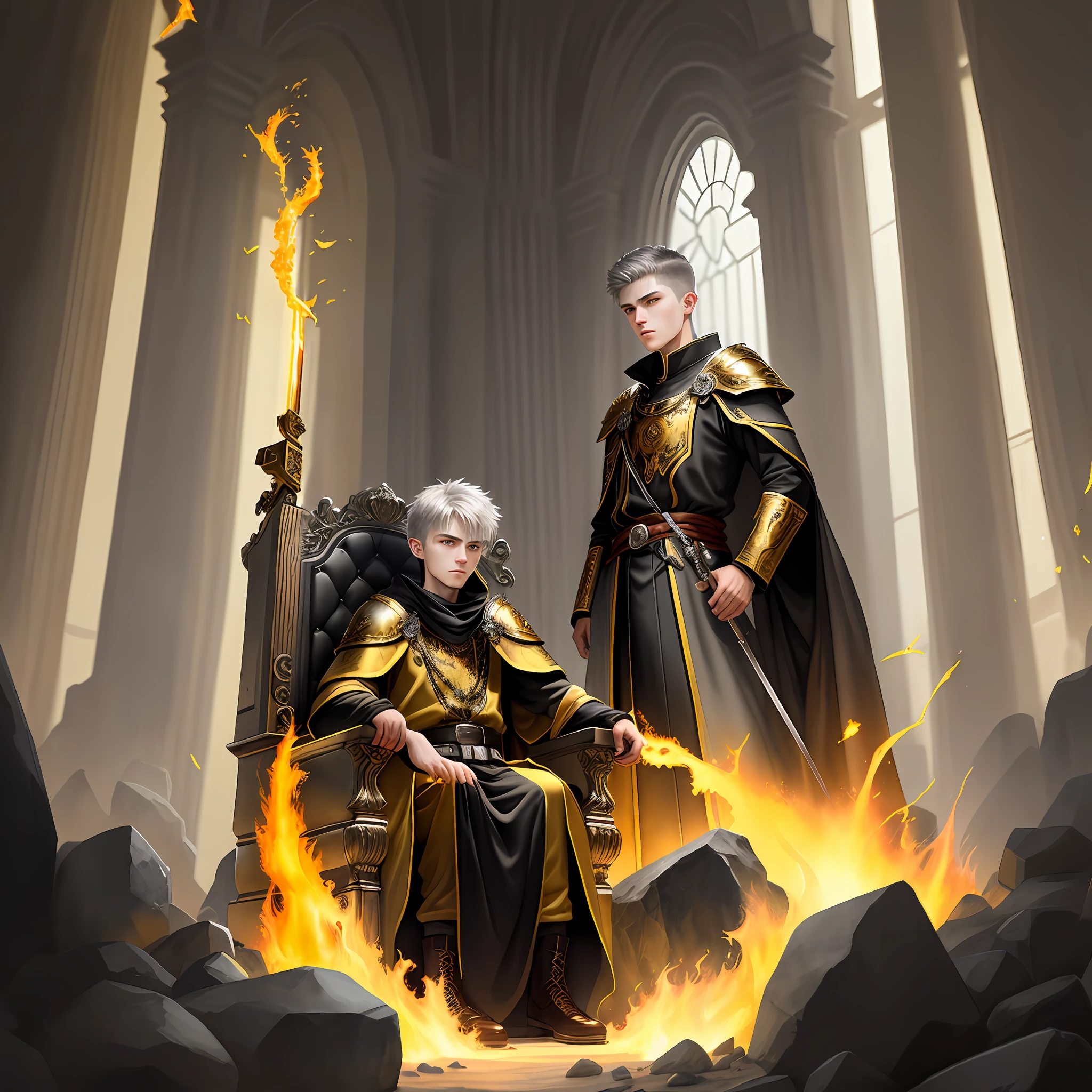 High detail, clarity, 8kk, Throne of fire, young guy, 18 years old, light gray hair, short haircut, yellow eyes, standing near throne of fire, realism, fantasy, watercolor drawing