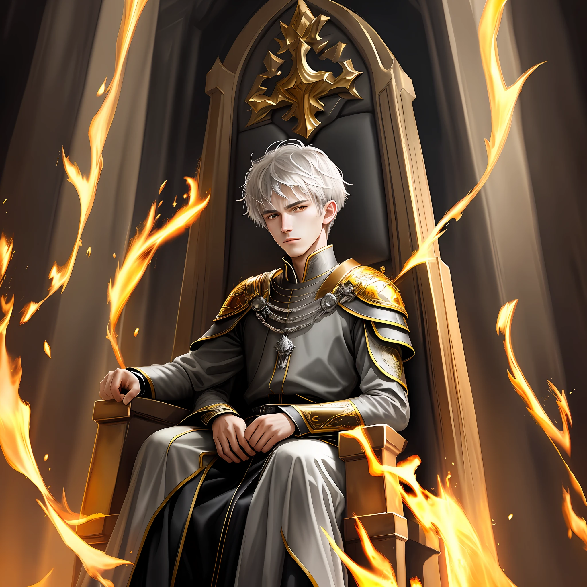 High detail, clarity, 8kk, Throne of fire, young guy, 18 years old, light gray hair, short haircut, yellow eyes, standing near throne of fire, realism, fantasy, watercolor drawing