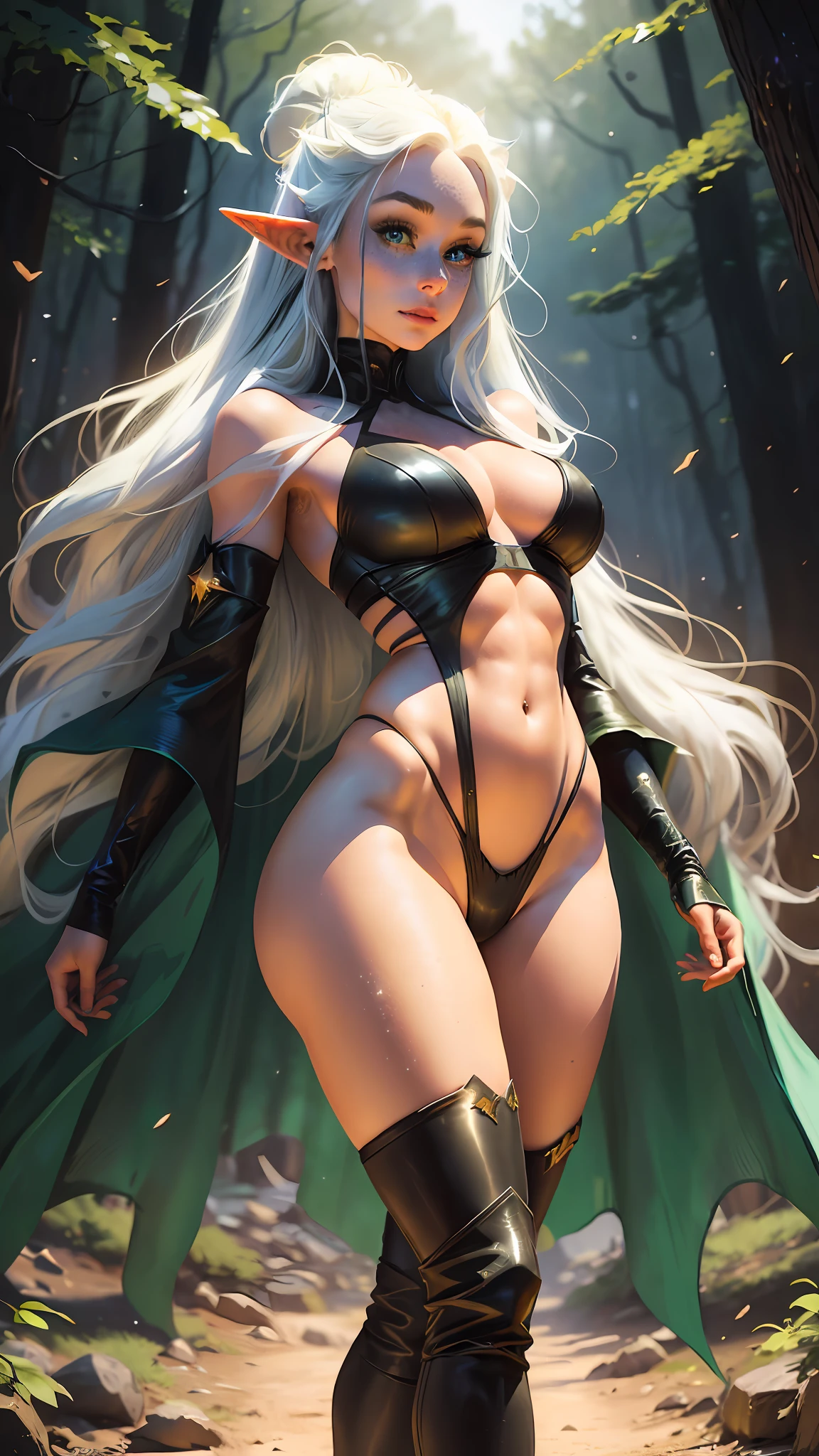 a portrait of a elf girl with freckles and bright striking blue eyes posing for a photo,full body, long pointy ears, thick legs, muscular, fit, defined abs, thongs, (cameltoe) white freckles, long flowing green hair flying, portrait, beautiful pale makeup, color portrait, stunning portrait, elegant freckles, wearing black thongs, black gloves, long thigh high boots, starshine, gold dust spread across her skin and her face, walking.  (dark, hyper-realistic photos) Dark background of magical night forest, deep woods, towering ruins, starlight skies, suitable for viewing in public places