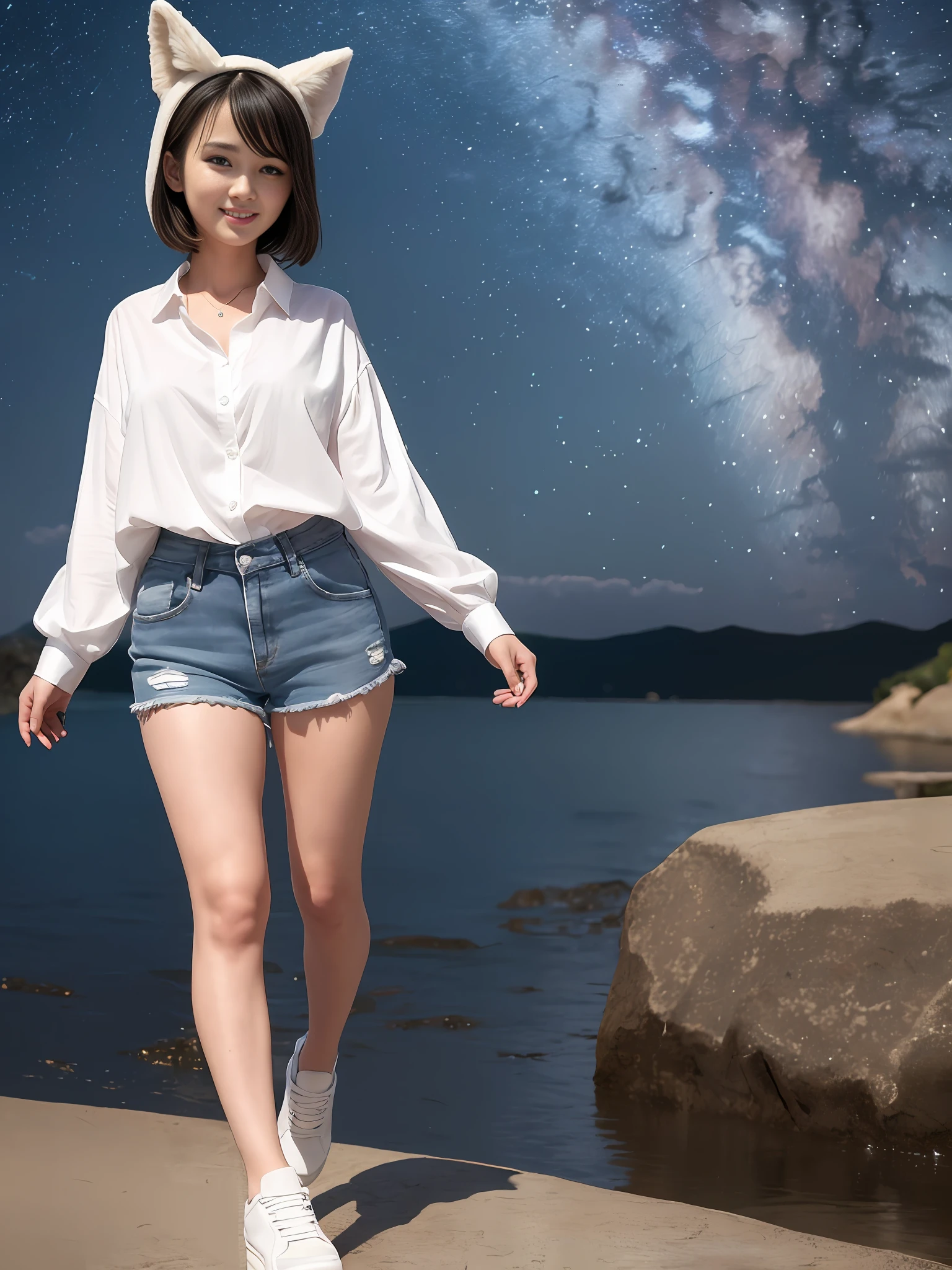(64K, UHD, Best Quality, Masterpiece: 1.2), (Realistic, Photorealistic: 1.37), Super Detailed, 1 Girl, Cute, Solo, Beautiful Detailed Sky, Detailed Ballpark, Night, Full Length Portrait, Standing, (Right foot raised, right hand raised, left hand slightly raised high), 23 years old, Height 167cm, Weight 55kg, Bust 85cm, F cup, Waist 56cm, Hips 80cm, (blushing nose), (smile: 1.15), (closed mouth), big, beautiful fine eyes, (shirt with collar: 1.1), wearing fox ears, night, wet, fitted white collared shirt, denim shorts, fox tail on, chest wide open, rain, (short hair: 1.2), floating hair NovaFrogStyle,