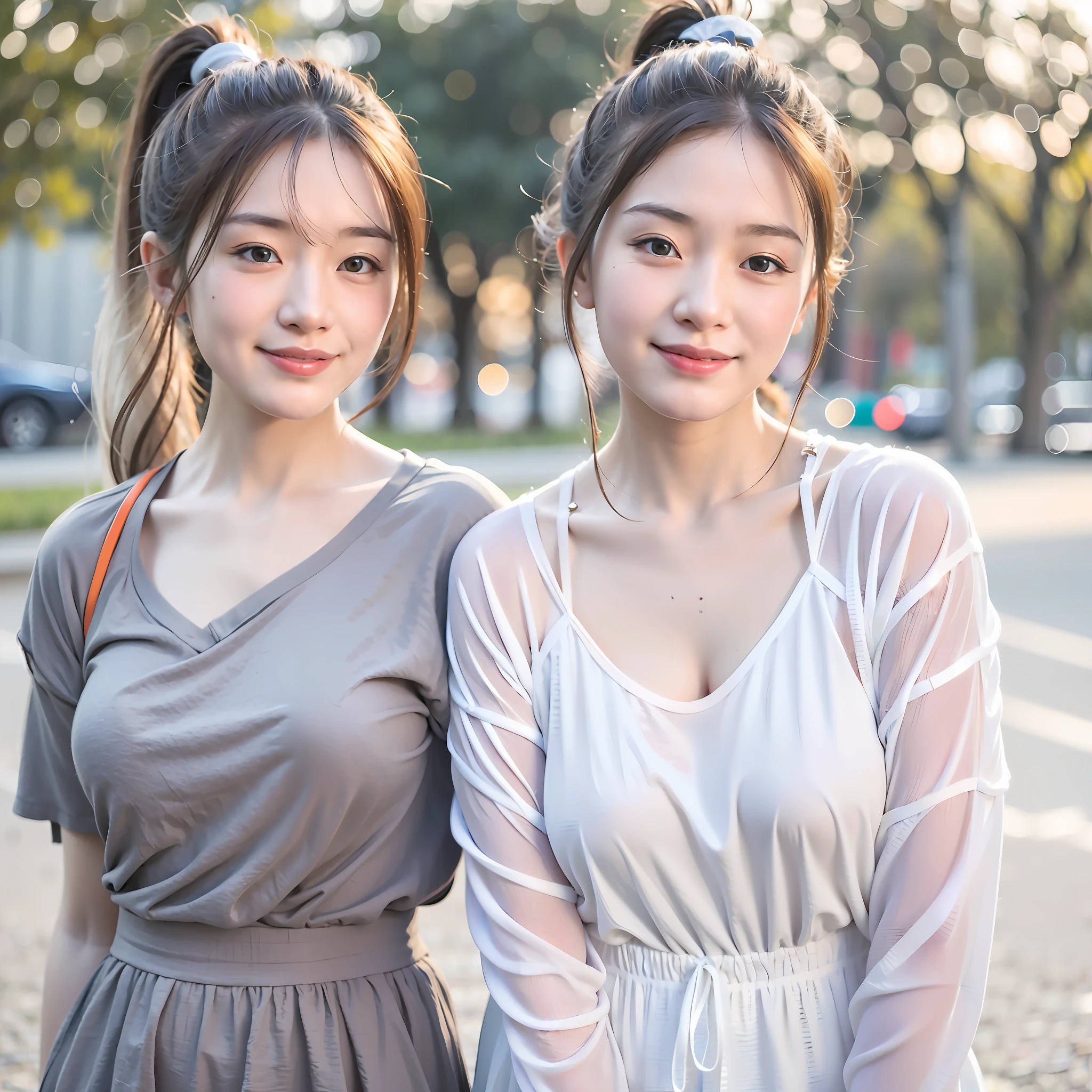 mix4,(8k, RAW photo, best quality, masterpiece:1.2), (realistic, photo-realistic:1.37),((1girl)), aged down, cute, outdoors, day, sunlight, professional lighting, photon mapping, radiosity, physical rendering ,Chinese,((bust photo: 2, silver hair: 2, high ponytail: 1.2, perfect face, perfect eyes,)), goddess, smile, arms behind her back,
