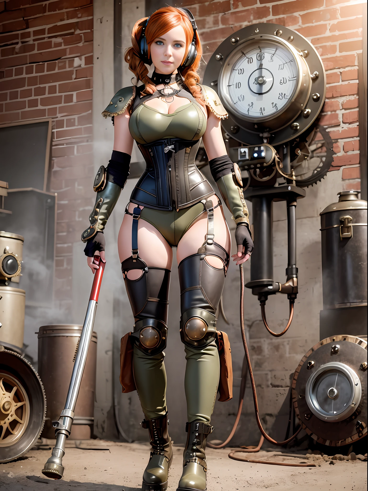 Full body Portrait photograph of a cute pretty fashionable smiley teenager girl posing cool and in light gray steampunk corset and jumpsuit and red long boots in a steampunk garage, wearing a mechanical steampunk backpack with enormous metal wings, perfect detailed face, wavy ginger hair, detailed symmetric dark green eyes with circular iris, fine steampunk details, intercom headset, steampunk choker, intricate steamy background with lots of steam pipes and steam valves and pressure gauges and gears, dusty steampunk garage, warm cinematic lighting, high contrast lighting, trending on ArtStation, hyper photorealism, DSLR, Canon 5D, 8k resolution,
