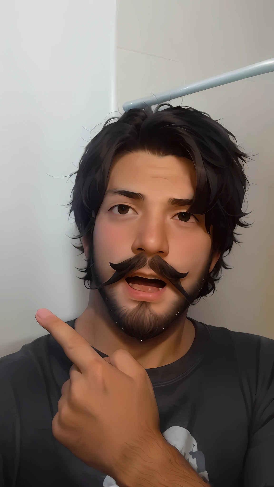 (a masterpiece),(high quality),amazing details, high resolution image, portrait of a man pointing at something, with beard and mustache, no beard or mustache, with short beard, no beard, anime-style, colorful manga, L Lawliet style of Death Note, with emphasis on skin color, close-up portrait.