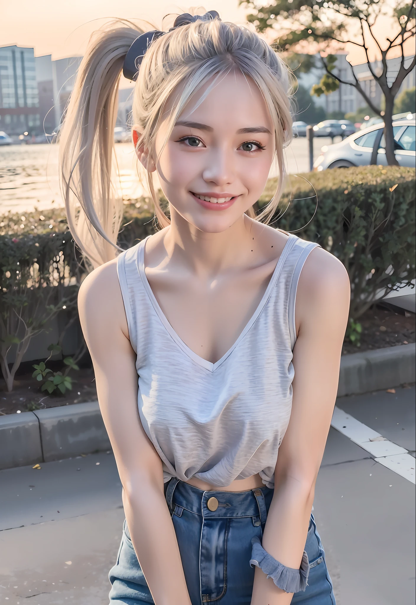 mix4,(8k, RAW photo, best quality, masterpiece:1.2), (realistic, photo-realistic:1.37),((1girl)), aged down, cute, outdoors, day, sunlight, professional lighting, photon mapping, radiosity, physical rendering ,Chinese,((Full body photo: 2, Silver hair: 2, High ponytail: 1.2, Perfect face, Perfect eyes,)), Goddess, smile, arms behind back,