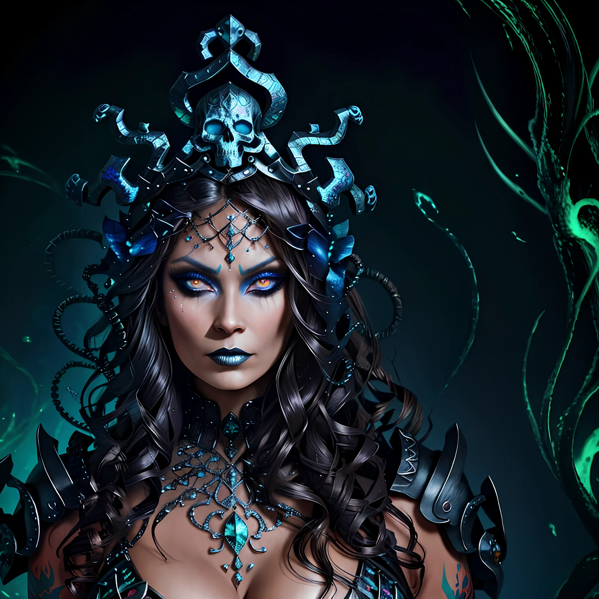 skull demon king concept art portrait by Casey Weldon, Olga Kvasha, Miho Hirano, hyperdetailed intricately detailed gothic art trending on Artstation triadic colors Unreal Engine 5 detailed matte painting, deep color, fantastical, intricate detail, splash screen, complementary colors, fantasy concept art, 8k resolution, gothic deviantart masterpiece