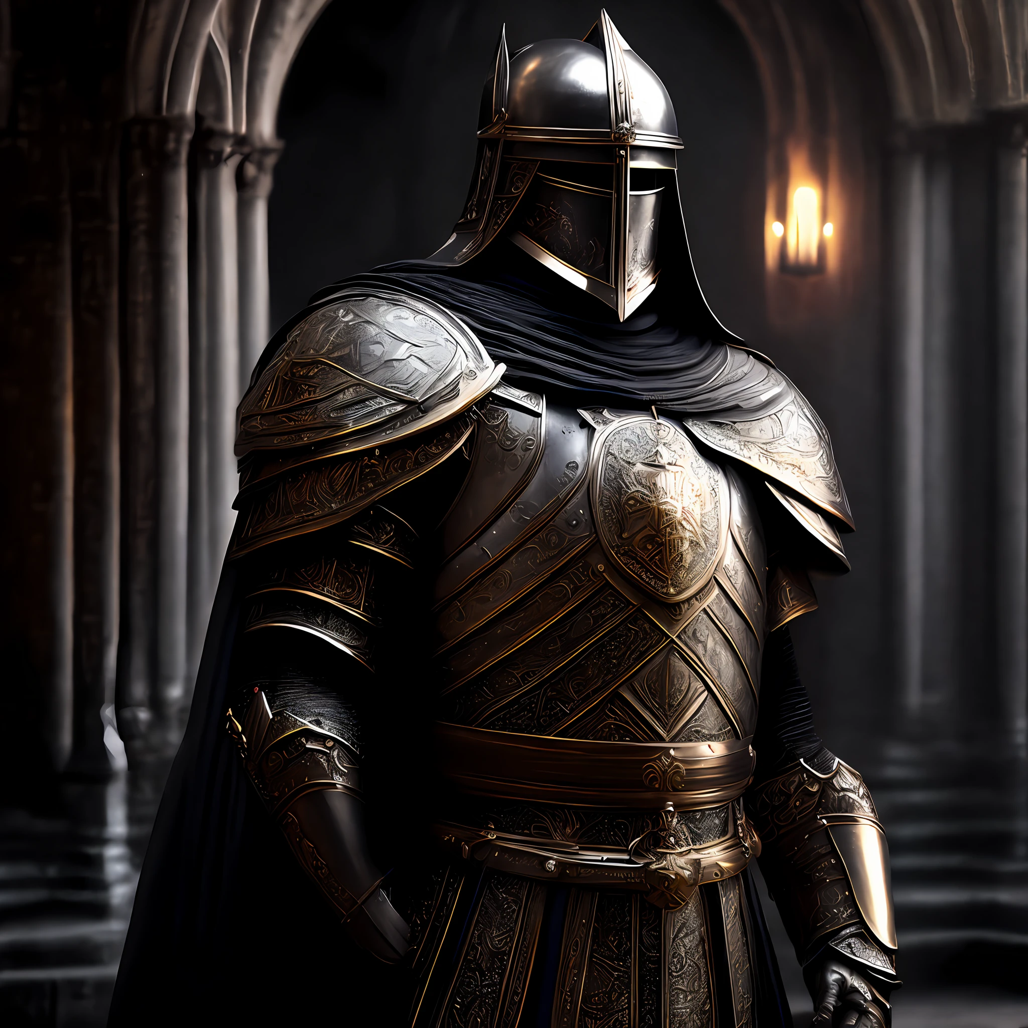 (best quality) (ultra realistic) Esoteric Knight Templar scenery painting 4k background fully black raytracing lights black armor