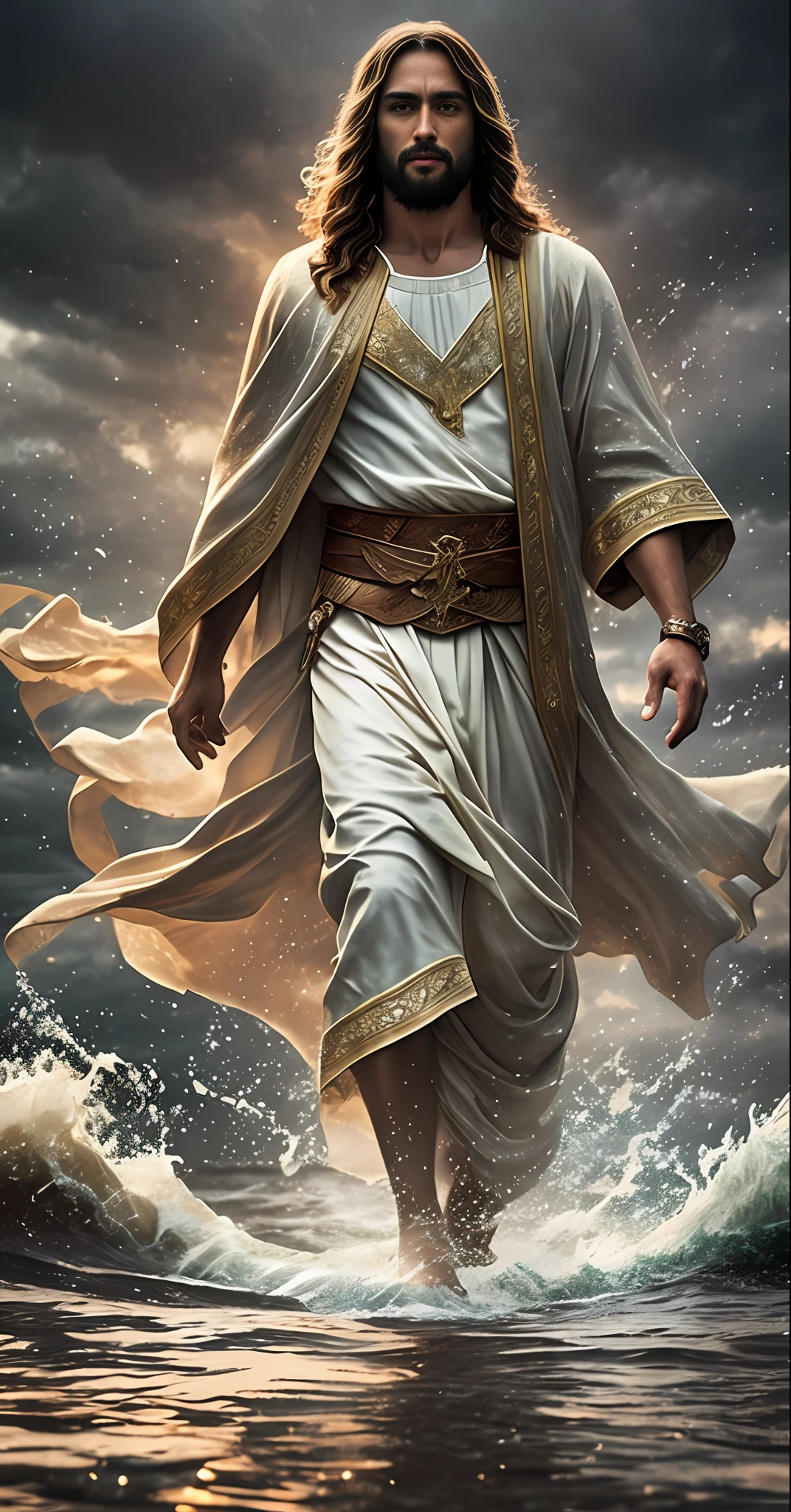 jesus walking on water in the middle of a storm at sea, rain, masterpiece, in the center of the frame, best quality, high quality, 8k wallpaper of extremely detailed CG unit, award-winning photography, Bokeh, Depth of Field, HDR, bloom, chromatic aberration, photorealistic, extremely detailed, trend in artstation, trend in CGsociety, intricate, high detail, dramatic, art in the middle of the journey, Volumetric lighting