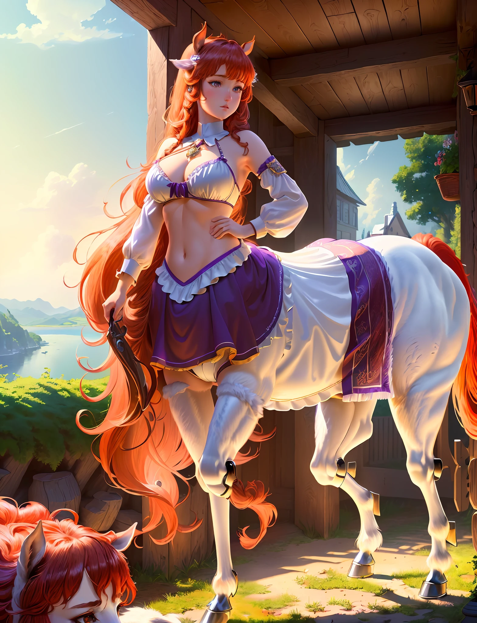 Highly detailed, high quality, extremely detailed CG, 8k wallpapers, (((masterpiece))), ((super detailed)), ((illustration)), horse, girl, (centaur), (halfhorse man),
((A centaur with a girl's head and chest and a horse body)), white bikini, castle, red hair, purple eyes