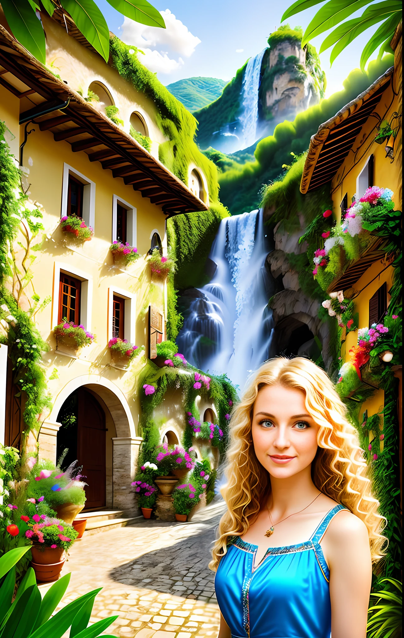 Portrait of a gorgeous young curly Blonde Italian girl with blue eyes in a tropical dress inside of an Italian village in a tropical forest, perfect face, sparkling eyes, water fall, realistic houses, Italian shops, Italian restaurants, church, village center, pretty house, flowers, distortion, grain, dust particles, peace