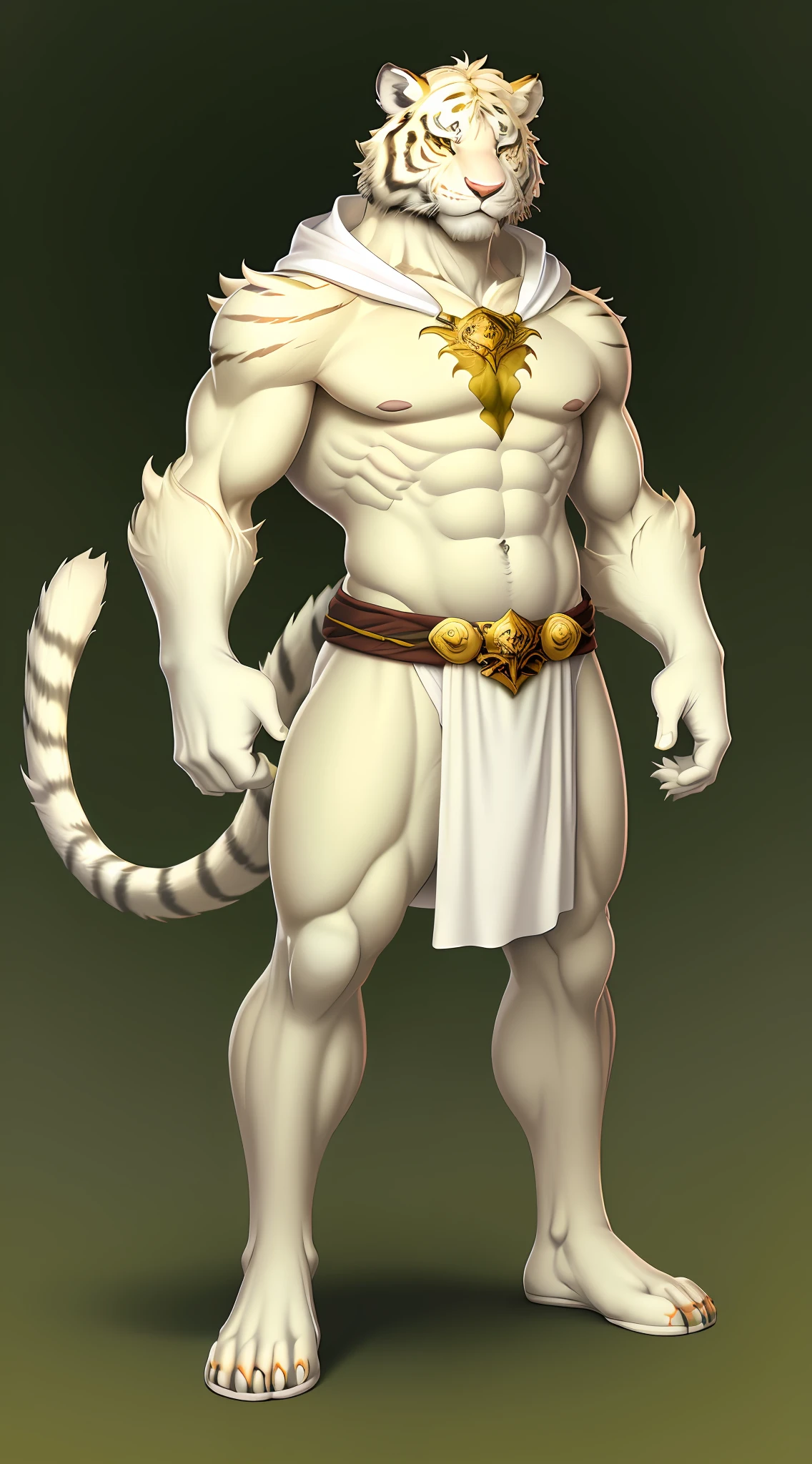 Furry art, white and light yellow tiger, full body, male, hand paws, tail, a little fat, no clothes, barefoot, innocent look, smile, smiling, comic art style, hairy body, 8K, dynamic lighting, beautiful, green background.