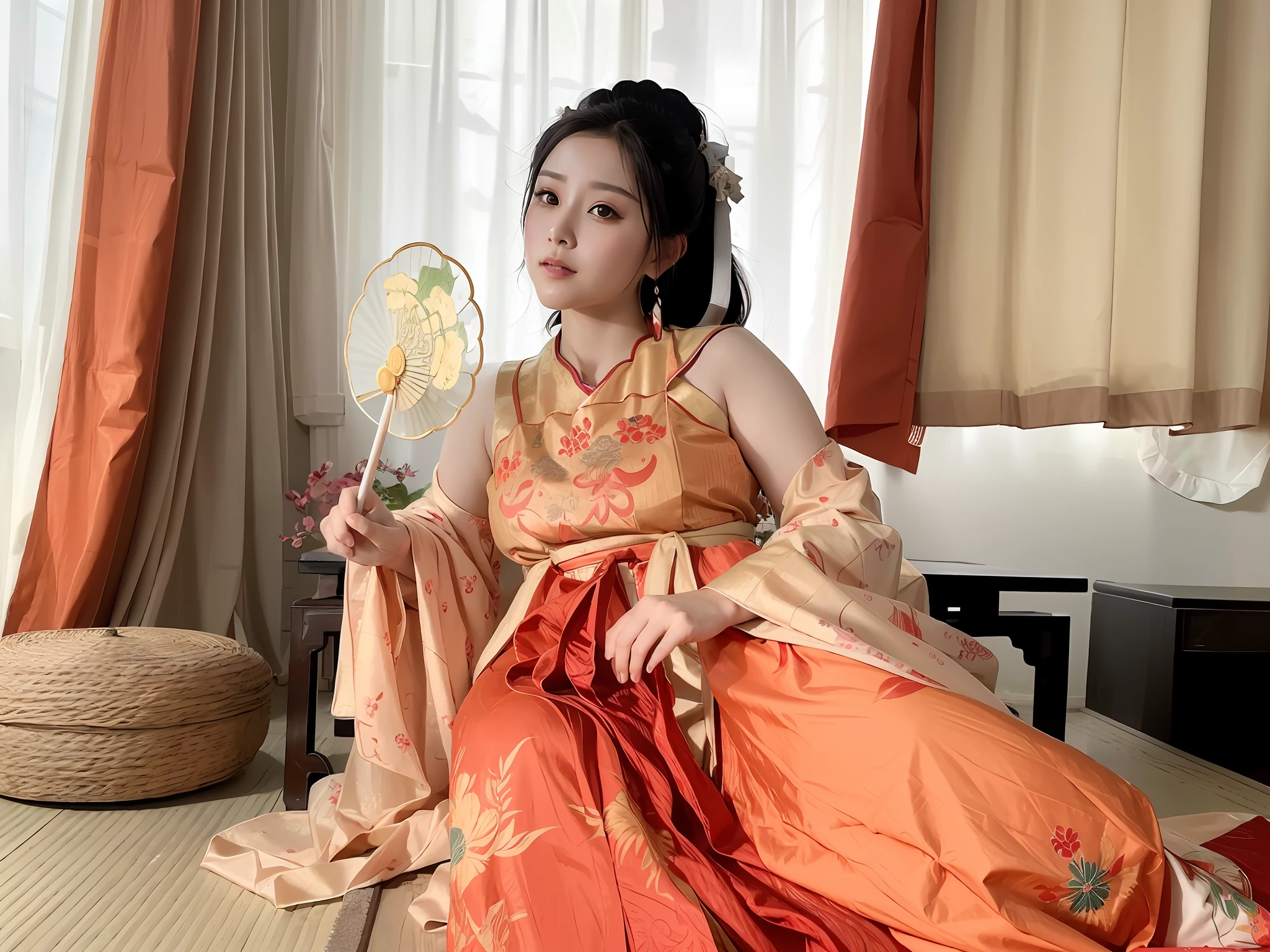 there is a woman sitting on a bed holding a fan, hanfu, wearing ancient chinese clothes, inspired by Tang Di, palace ， a girl in hanfu, with acient chinese clothes, traditional chinese, traditional chinese clothing, chinese princess, tang dynasty, inspired by Qiu Ying, chinese costume, chinese style, ancient chinese princess, inspired by Gu An, chinese dress