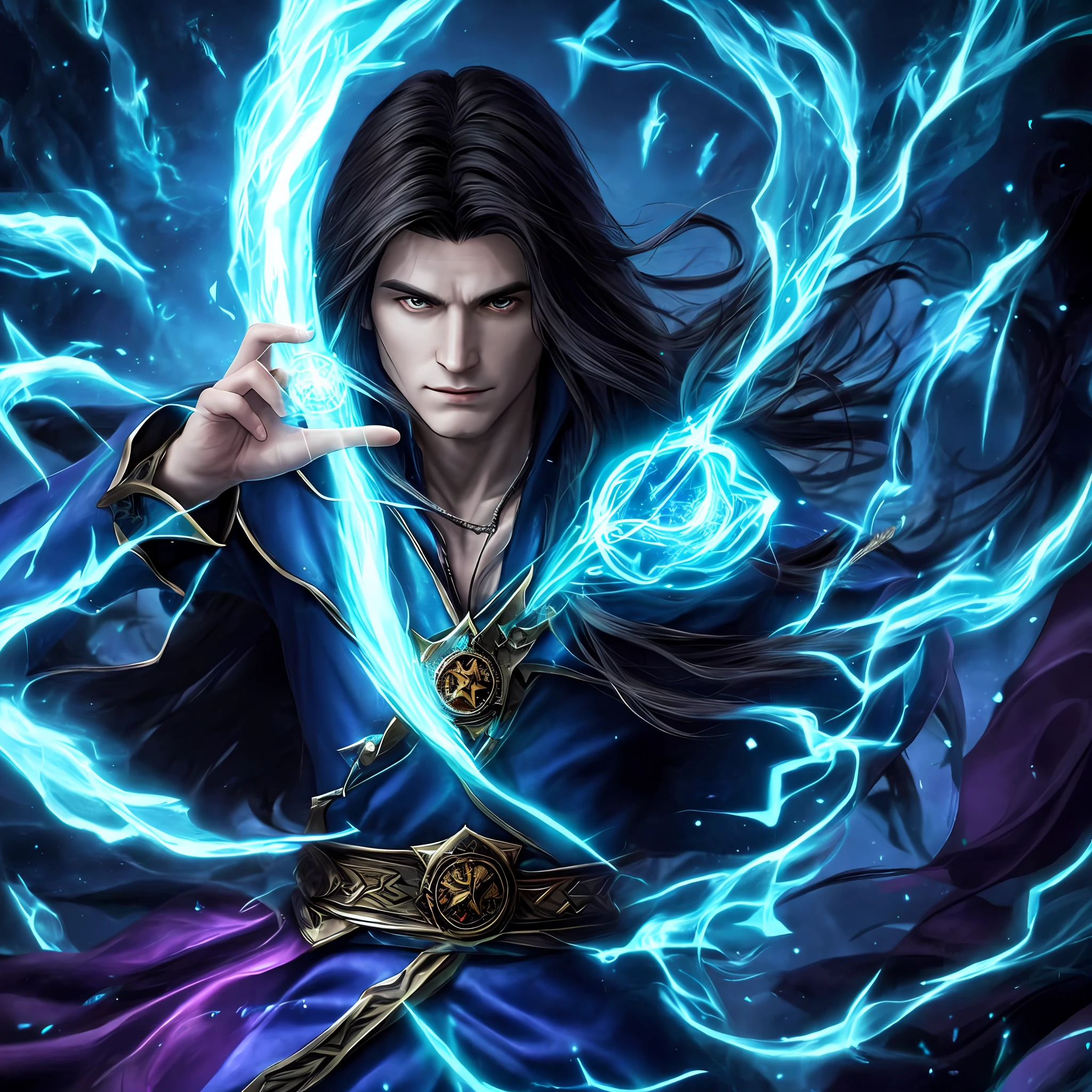 A powerful wizard with dark hair, surrounded by arcane aura and magical artifacts.