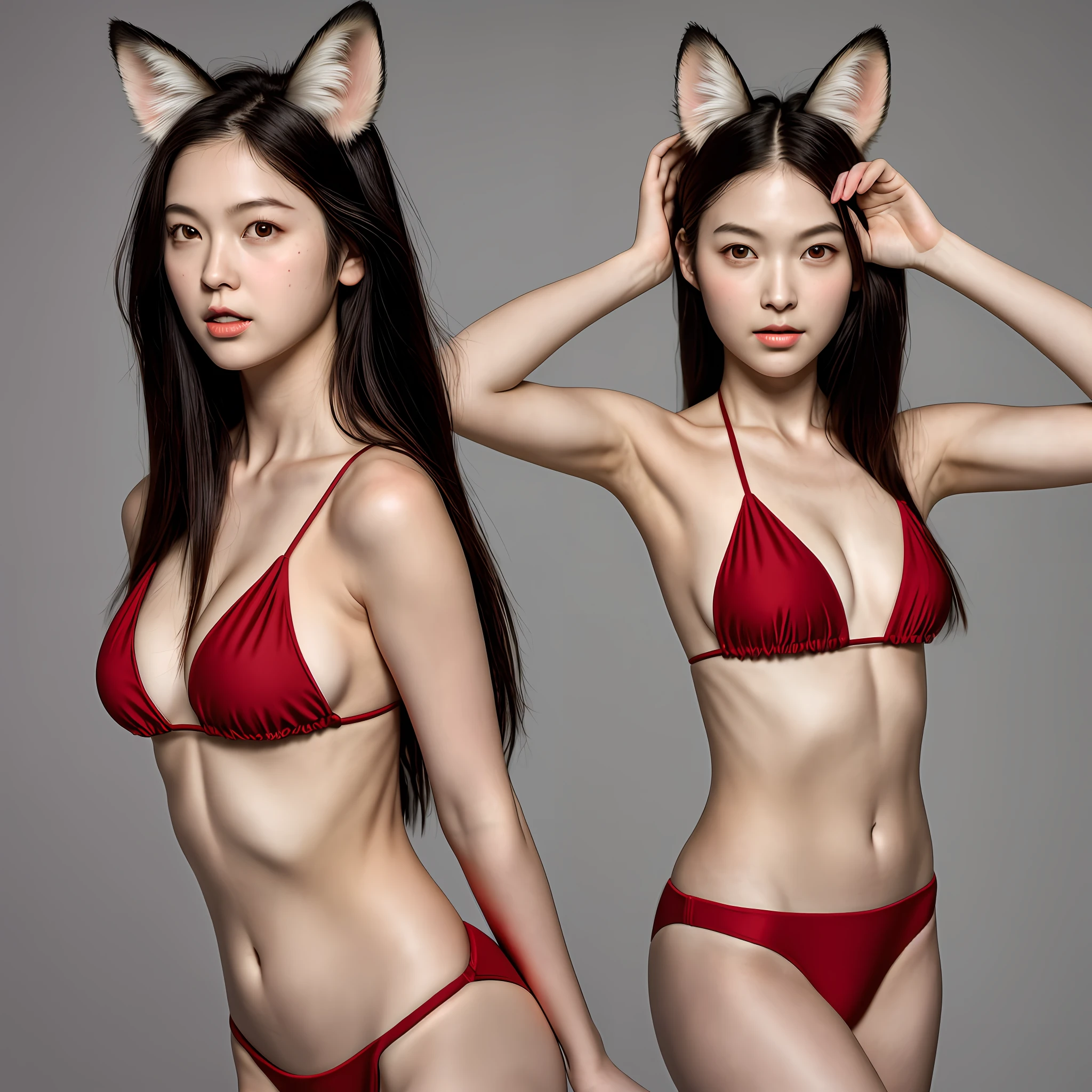 Top Quality, Masterpiece, Hi-Res, One Girl, Dark Studio, Realistic Skin, Realistic Eyes, Realistic Face, Thin Lips, Hanging Eyes, Small Nose, Shoulder-length Hair, Red Bikini, Big, Fox Ears, Solid Skeleton, Legs Out, Chest Protruding, Dynamic Pose, Mouth Closed, Eyes Hanging