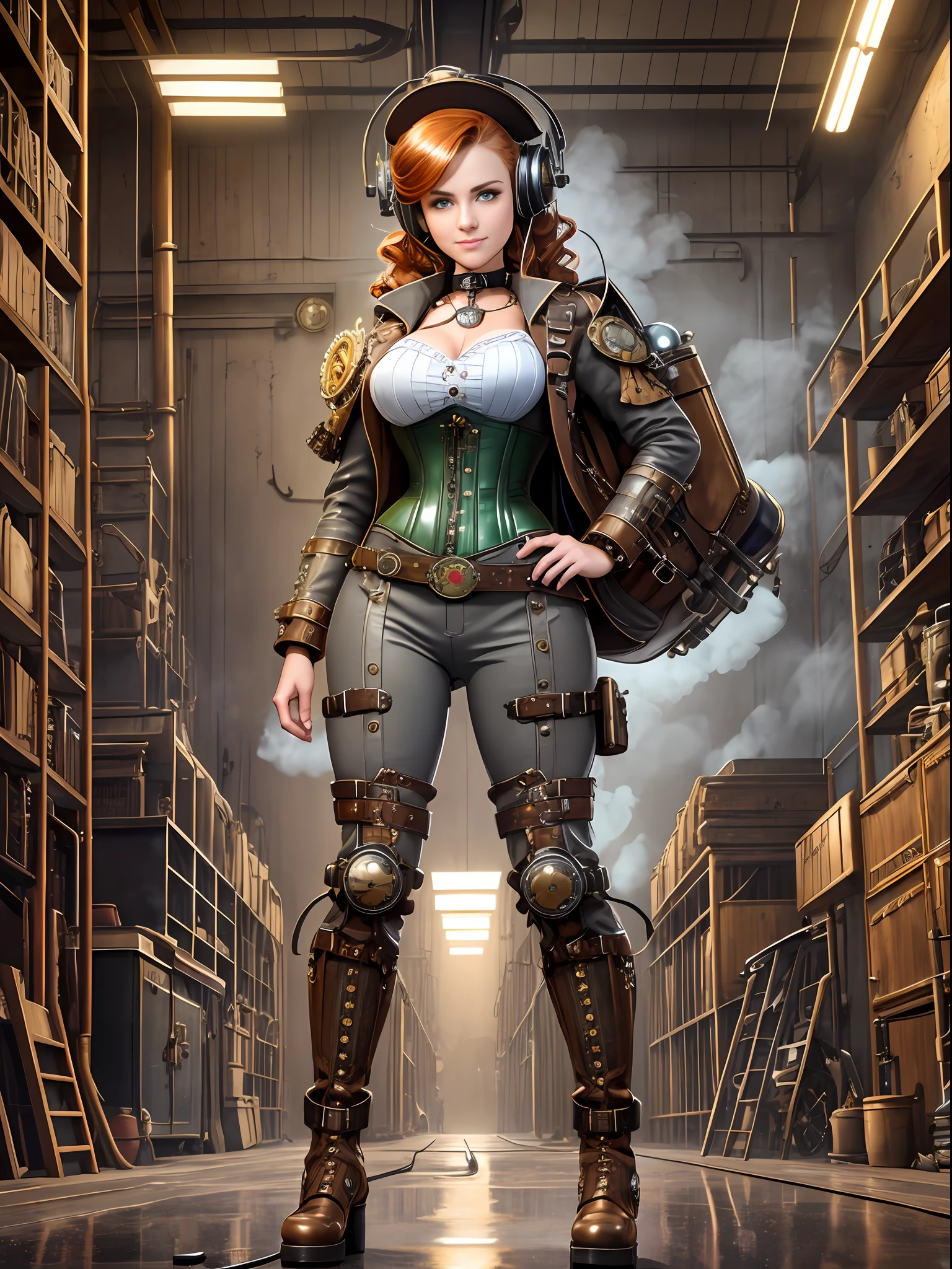 Full body Portrait photograph of a cute pretty fashionable smiley ager girl posing cool and in light gray steampunk corset and jumpsuit and red long boots in a steampunk garage, wearing a mechanical steampunk backpack with enormous metal wings, perfect detailed face, wavy ginger hair, detailed symmetric dark green eyes with circular iris, fine steampunk details, intercom headset, steampunk choker, intricate steamy background with lots of steam pipes and steam valves and pressure gauges and gears, dusty steampunk garage, warm cinematic lighting, high contrast lighting, trending on ArtStation, hyper photorealism, DSLR, Canon 5D, 8k resolution,