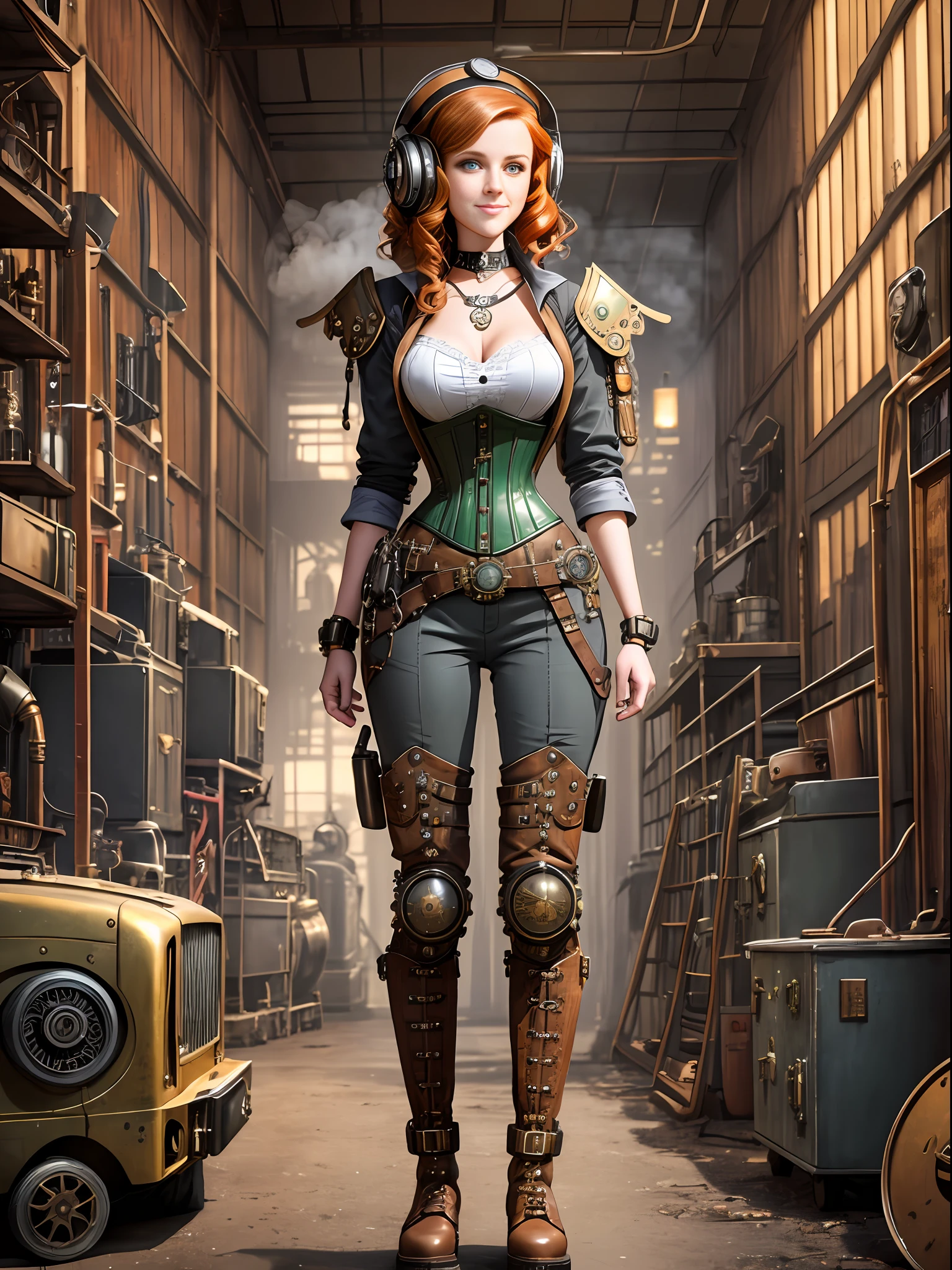 Full body Portrait photograph of a cute pretty fashionable smiley teenager girl posing cool and in light gray steampunk corset and jumpsuit and red long boots in a steampunk garage, wearing a mechanical steampunk backpack with enormous metal wings, perfect detailed face, wavy ginger hair, detailed symmetric dark green eyes with circular iris, fine steampunk details, intercom headset, steampunk choker, intricate steamy background with lots of steam pipes and steam valves and pressure gauges and gears, dusty steampunk garage, warm cinematic lighting, high contrast lighting, trending on ArtStation, hyper photorealism, DSLR, Canon 5D, 8k resolution,