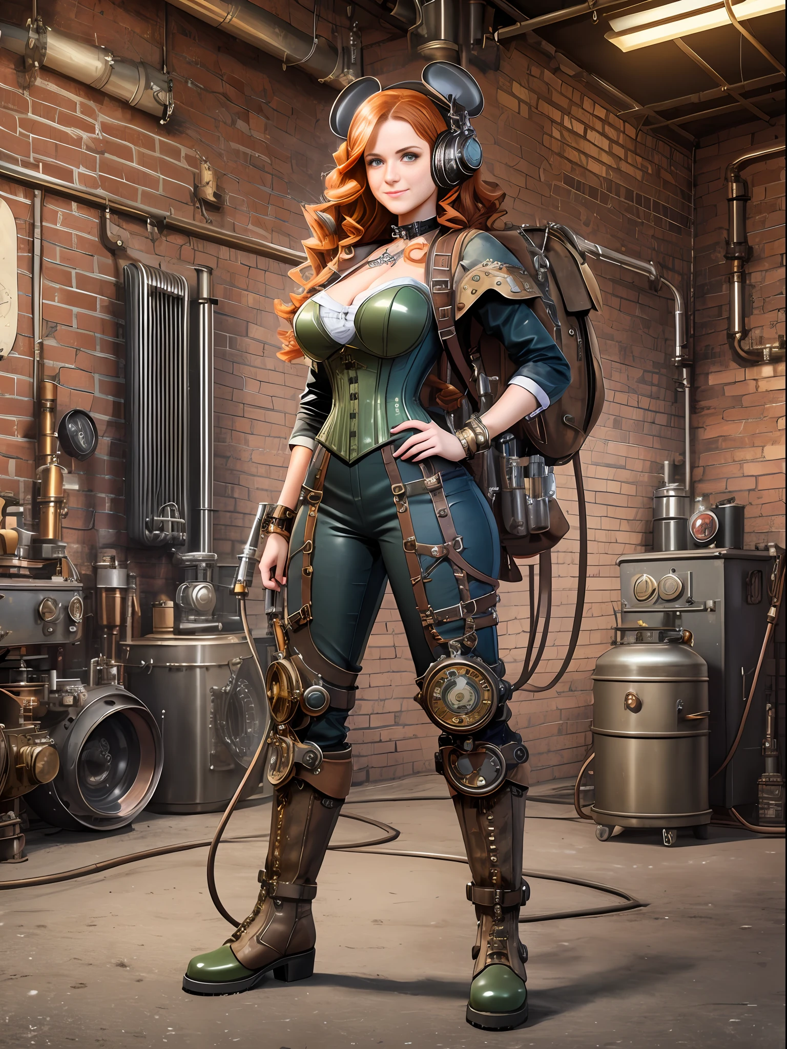 Full body Portrait photograph of a cute pretty fashionable smiley teenager girl posing cool and in light gray steampunk corset and jumpsuit and red long boots in a steampunk garage, wearing a mechanical steampunk backpack with enormous metal wings, perfect detailed face, wavy ginger hair, detailed symmetric dark green eyes with circular iris, fine steampunk details, intercom headset, steampunk choker, intricate steamy background with lots of steam pipes and steam valves and pressure gauges and gears, dusty steampunk garage, warm cinematic lighting, high contrast lighting, trending on ArtStation, hyper photorealism, DSLR, Canon 5D, 8k resolution,