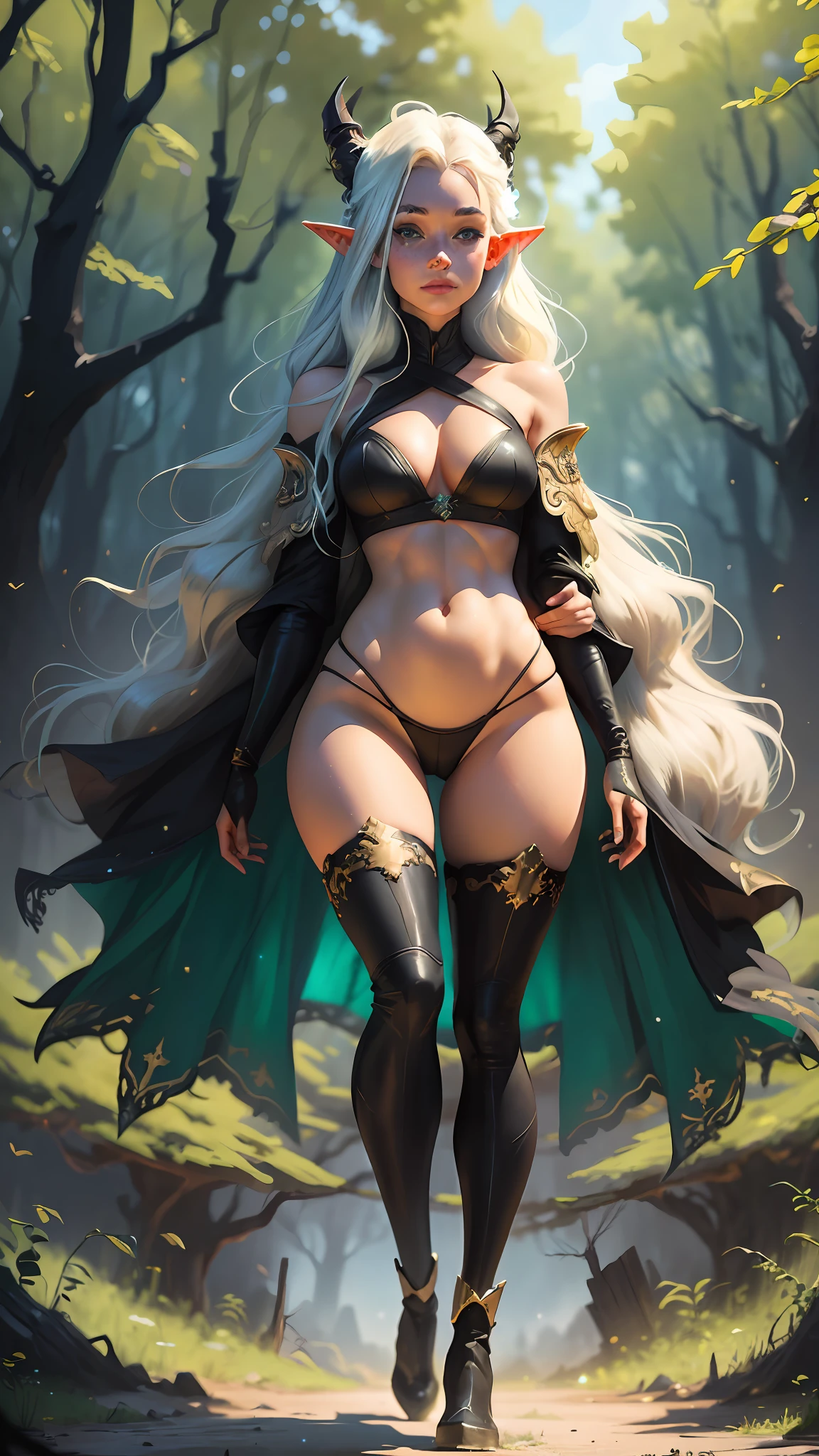 a portrait of a elf girl with freckles and bright striking blue eyes posing for a photo,full body, long pointy ears, thick legs, muscular, fit, defined abs, thongs, (cameltoe) white freckles, long flowing green hair flying, portrait, beautiful pale makeup, color portrait, stunning portrait, elegant freckles, wearing black thongs, black gloves, long thigh high boots, starshine, gold dust spread across her skin and her face, walking. (dark, hyper-realistic photos) Dark background of magical night forest, deep woods, towering ruins, starlight skies, A mystical and epic landscape, featuring a fantastical and surreal world of floating islands, giant trees, and mythical creatures, that transport the viewer to a world of imagination and wonder, artstation, digital art, intricate, trending, bright colors suitable for viewing in public places