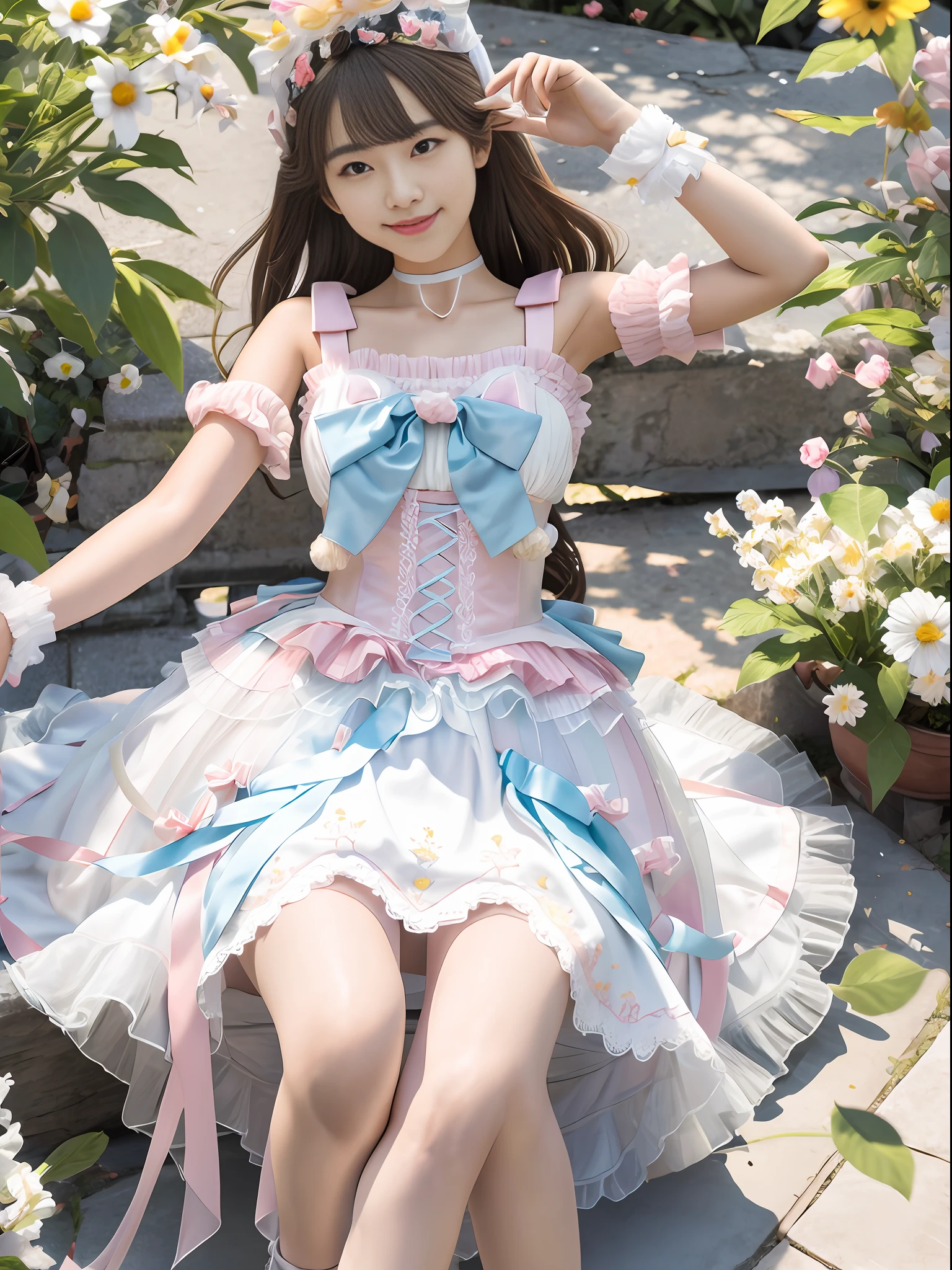 (Ultra-realistic 8K.) CG: 1.1), Perfect artwork, Sunshine, (looking at the audience), Masterpiece, (Perfect face in painting: 1.3), (Beautiful face: 1.2), (Delicate facial features: 1.2), (Chinese girl: 1.5), Happy, (Fine eye: 1.3), (18 years: 1.5), (Solo: 1.5), Bloom, wide hips, slim, blush, 3D background, flowers, (smile: 1.3), long black hair, medium breasts, (long hair fluttering: 1.3), full body, (Radiant Garlic: 1.3), (Clear Fingers: 1.3), (sweet_lolita: 1.3), (PerfectNwsjMajic: 1.6)