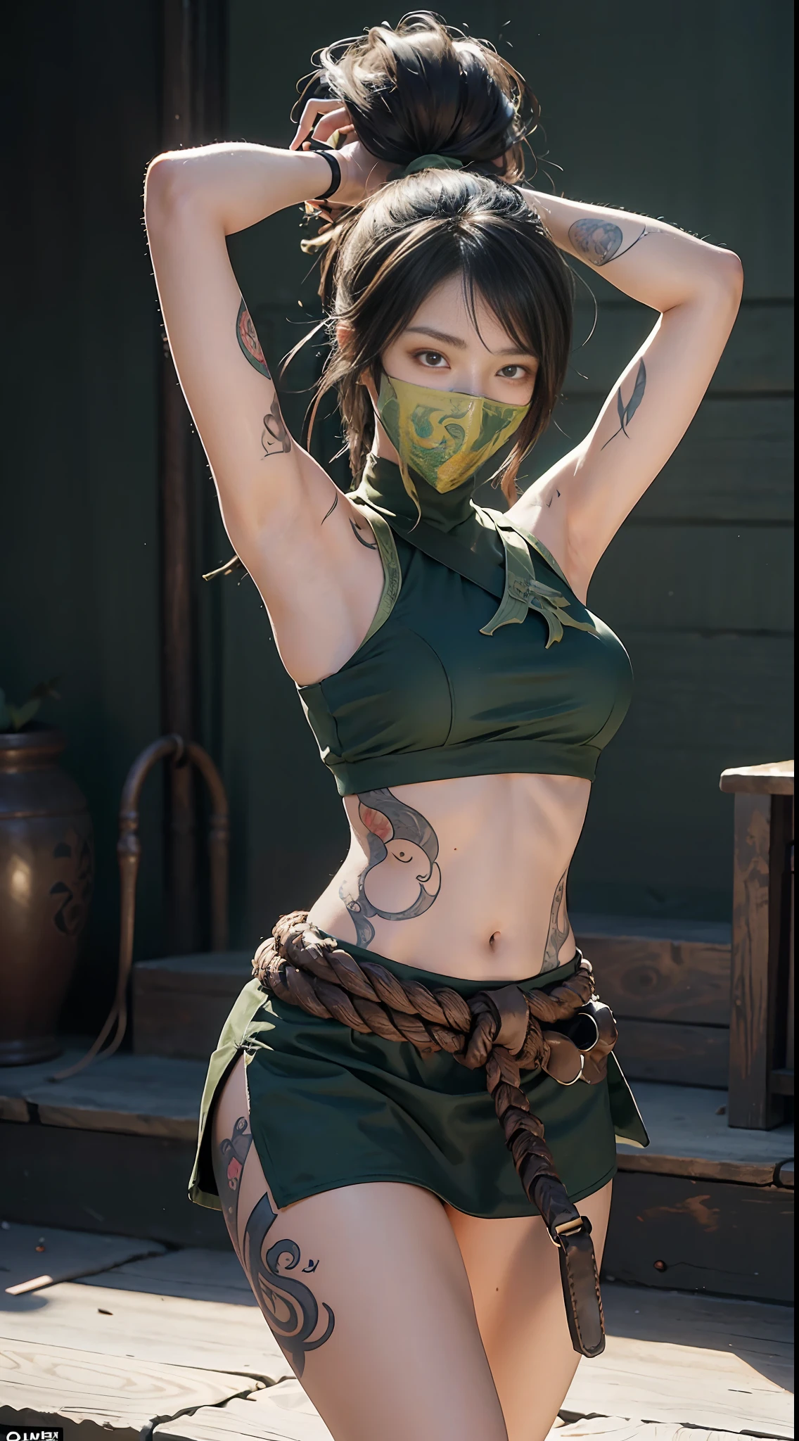 (Masterpiece: 1.5), (Best Quality), Highly Detailed, (Akali: 3), Martial Arts Exaggerated Moves, Jumping Holding Blade, Calm, Surrounded by Darkness, Abs, Arm Tattoo, Bangs, Shirt, Big Tits, Thick Legs, Green Shirt, Hair Between Eyes, Short Skirt, Long Bangs, Long Hair, Mask, Ninja, Ponytail, Rope Strap, Belt Bag, Shirt, Solo, Stomach Tattoo, Tattoo, Solid Color Background, Movie Lights