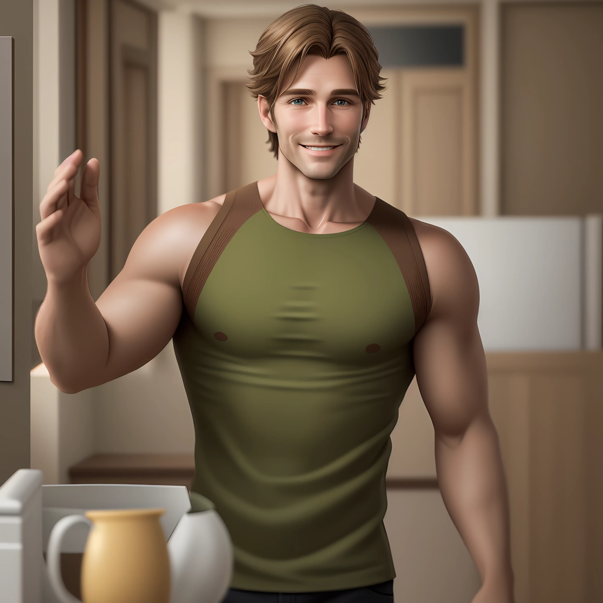Hyperrealistic man well personed, brown hair with natural blond strands, 40 years old, greenish eyes very beautiful, natural and welcoming friendliness when smiling. Perfect full body, air 3:2 L, masterpiece, 3D, HD, minimalist, cinematic, cinematografic, very detailed, look at me.