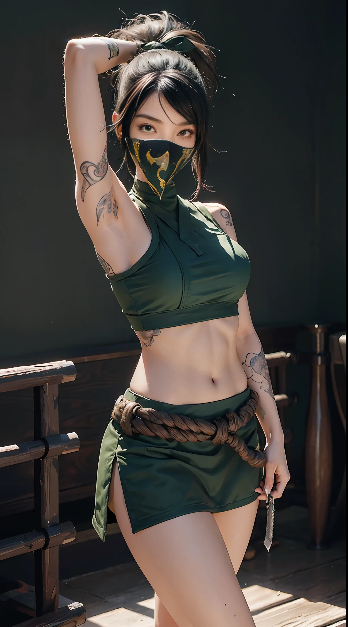 (Masterpiece: 1.5), (Best Quality), Highly Detailed, (Akali: 3), Martial Arts Exaggerated Moves, Holding a Blade, Calm, Surrounded by Darkness, Abs, Arm Tattoo, Bangs, Shirt, Big Breasts, Thick Legs, Green Shirt, Hair Between Eyes, Short Skirt, Long Bangs, Long Hair, Mask, Ninja, Ponytail, Rope Strap, Belt Bag, Shirt, Solo, Stomach Tattoo, Tattoo, Solid Color Background, Movie Lights