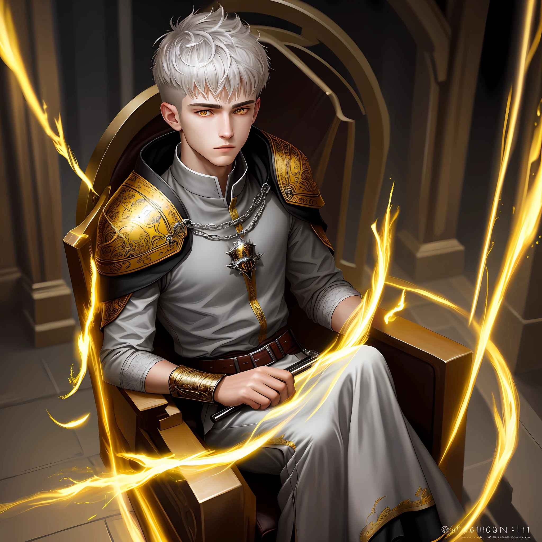 High detail, clarity, 8kk, Throne of fire, young guy, 18 years old, light gray hair, short haircut, yellow eyes, realism, fantasy,