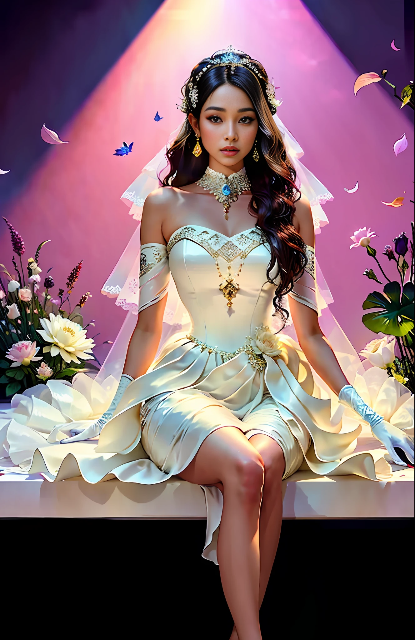 Masterpiece, top quality, single, (thin: 1.15), (shorts: 1.15), and (curvy) boy(dark skin: 1.11), full body, (close-up: 1.1), high angle and (white wedding dress), (perspective: 0.6) white wedding dress), bridal gloves, (perfect face: 1.1) intricate (high detail: 1.1) figure, raised eyes, lips, background is a lotus flower ice bed, lush leaves, (leaves on the water: 1.0), falling cherry blossoms, Butterflies, Fireflies, by Nikon Photographed by Lee Jeffries D850 film photo 4 kodak portra 400 camera f1.6 lens rich colors, realistic textures, dramatic lighting trends on Unreal Engine artstation cinestil800