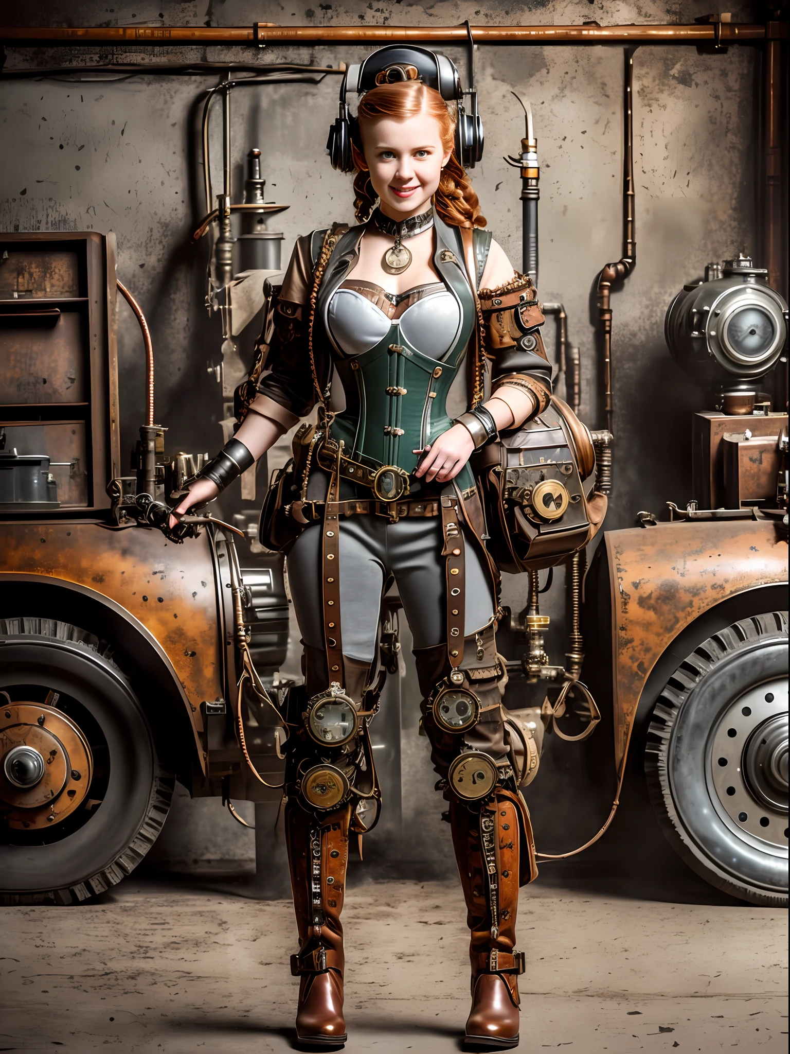Full body Portrait photograph of a cute pretty fashionable smiley teenager girl posing cool and in light gray steampunk corset and jumpsuit and red long boots in a steampunk garage, wearing a mechanical steampunk backpack with enormous metal wings, perfect detailed face, wavy ginger hair, detailed symmetric dark green eyes with circular iris, fine steampunk details, intercom headset, steampunk choker, intricate steamy background with lots of steam pipes and steam valves and pressure gauges and gears, dusty steampunk garage, warm cinematic lighting, high contrast lighting, trending on ArtStation, hyper photorealism, DSLR, Canon 5D, 8k resolution,