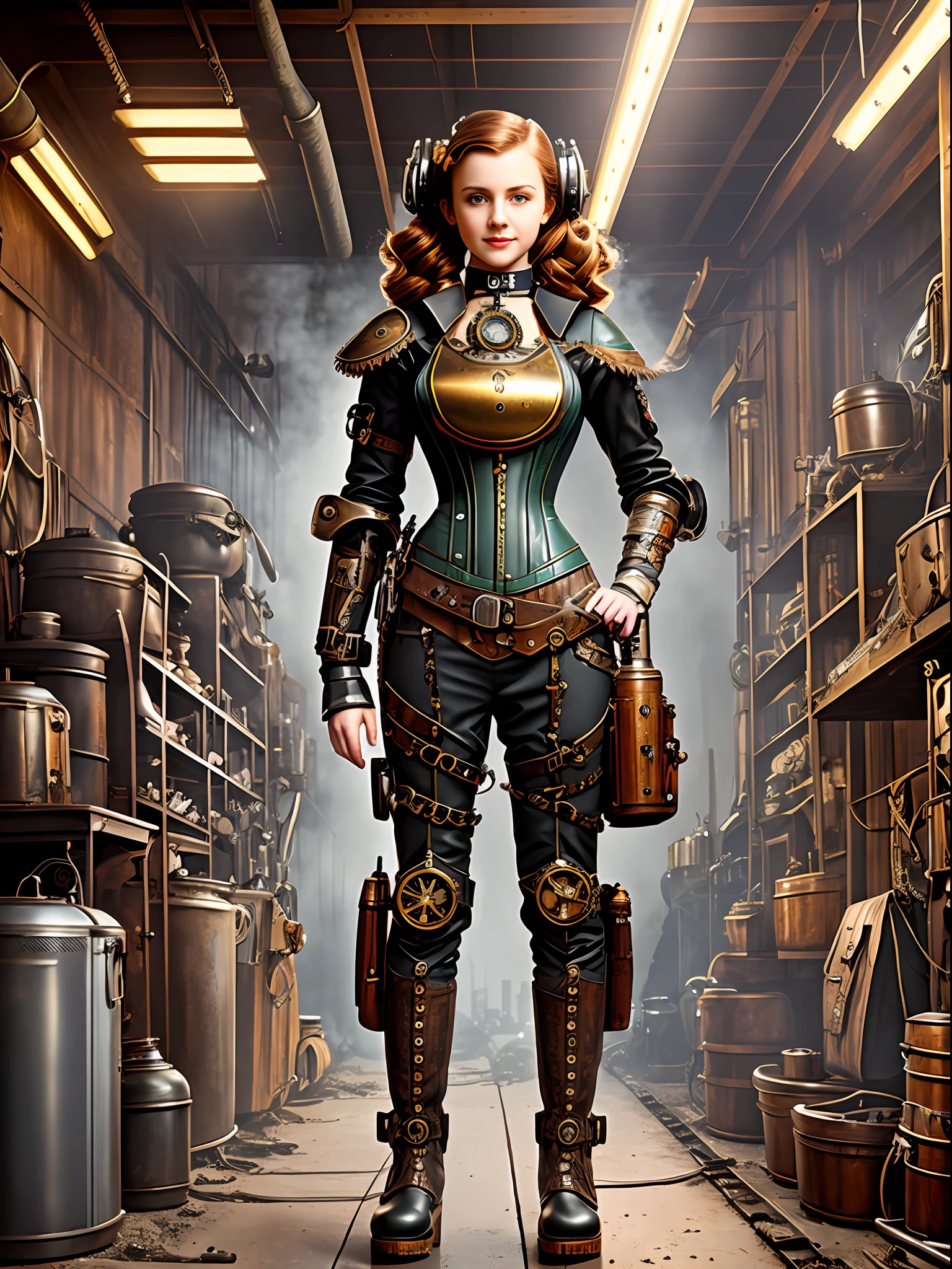 Full body Portrait photograph of a cute pretty fashionable smiley teenager girl posing cool and in light gray steampunk corset and jumpsuit and red long boots in a steampunk garage, wearing a mechanical steampunk backpack with enormous metal wings, perfect detailed face, wavy ginger hair, detailed symmetric dark green eyes with circular iris, fine steampunk details, intercom headset, steampunk choker, intricate steamy background with lots of steam pipes and steam valves and pressure gauges and gears, dusty steampunk garage, warm cinematic lighting, high contrast lighting, trending on ArtStation, hyper photorealism, DSLR, Canon 5D, 8k resolution,