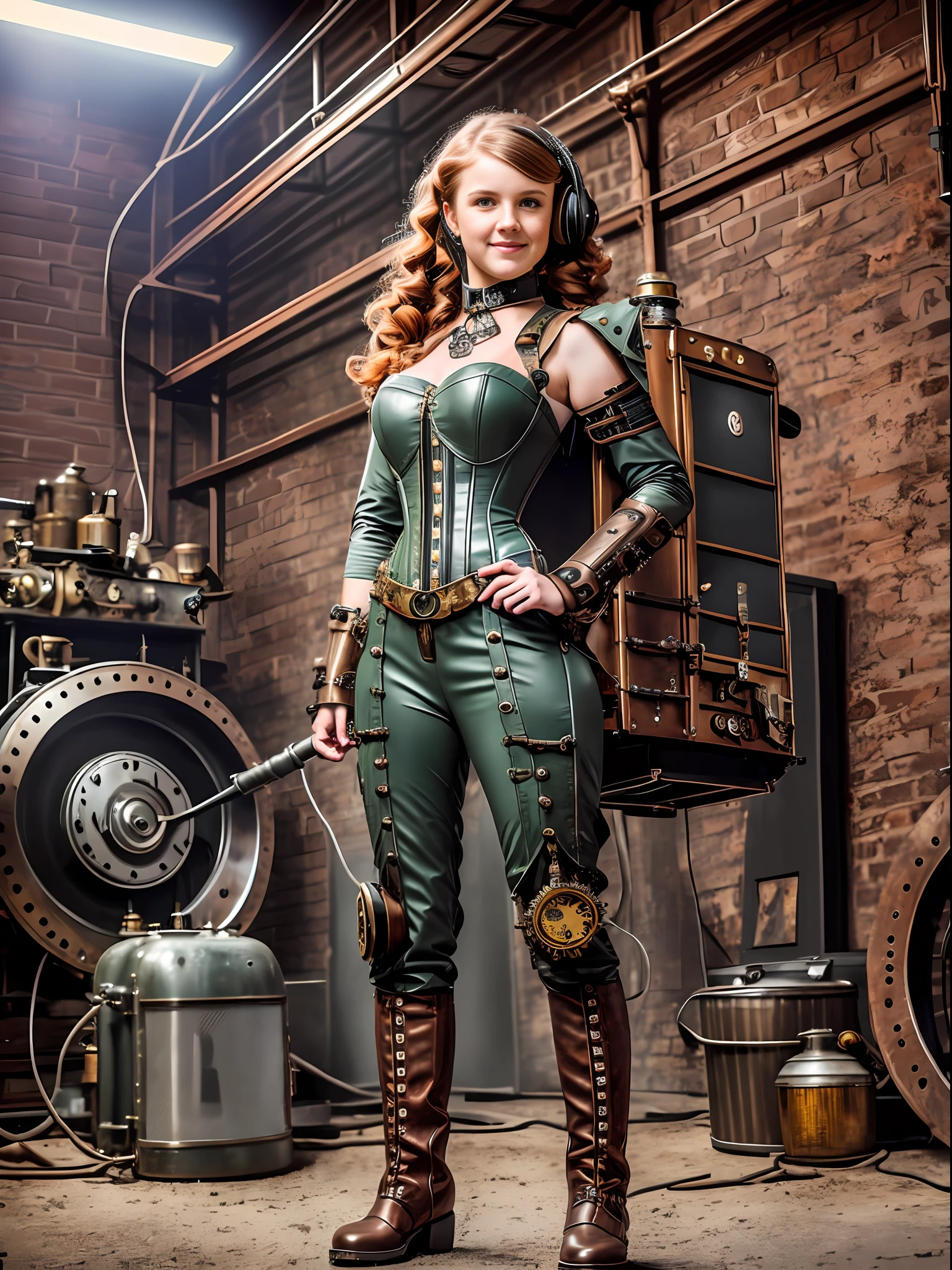 Full body Portrait photograph of a cute pretty fashionable smiley ager girl posing cool and in light gray steampunk corset and jumpsuit and red long boots in a steampunk garage, wearing a mechanical steampunk backpack with enormous metal wings, perfect detailed face, wavy ginger hair, detailed symmetric dark green eyes with circular iris, fine steampunk details, intercom headset, steampunk choker, intricate steamy background with lots of steam pipes and steam valves and pressure gauges and gears, dusty steampunk garage, warm cinematic lighting, high contrast lighting, trending on ArtStation, hyper photorealism, DSLR, Canon 5D, 8k resolution,