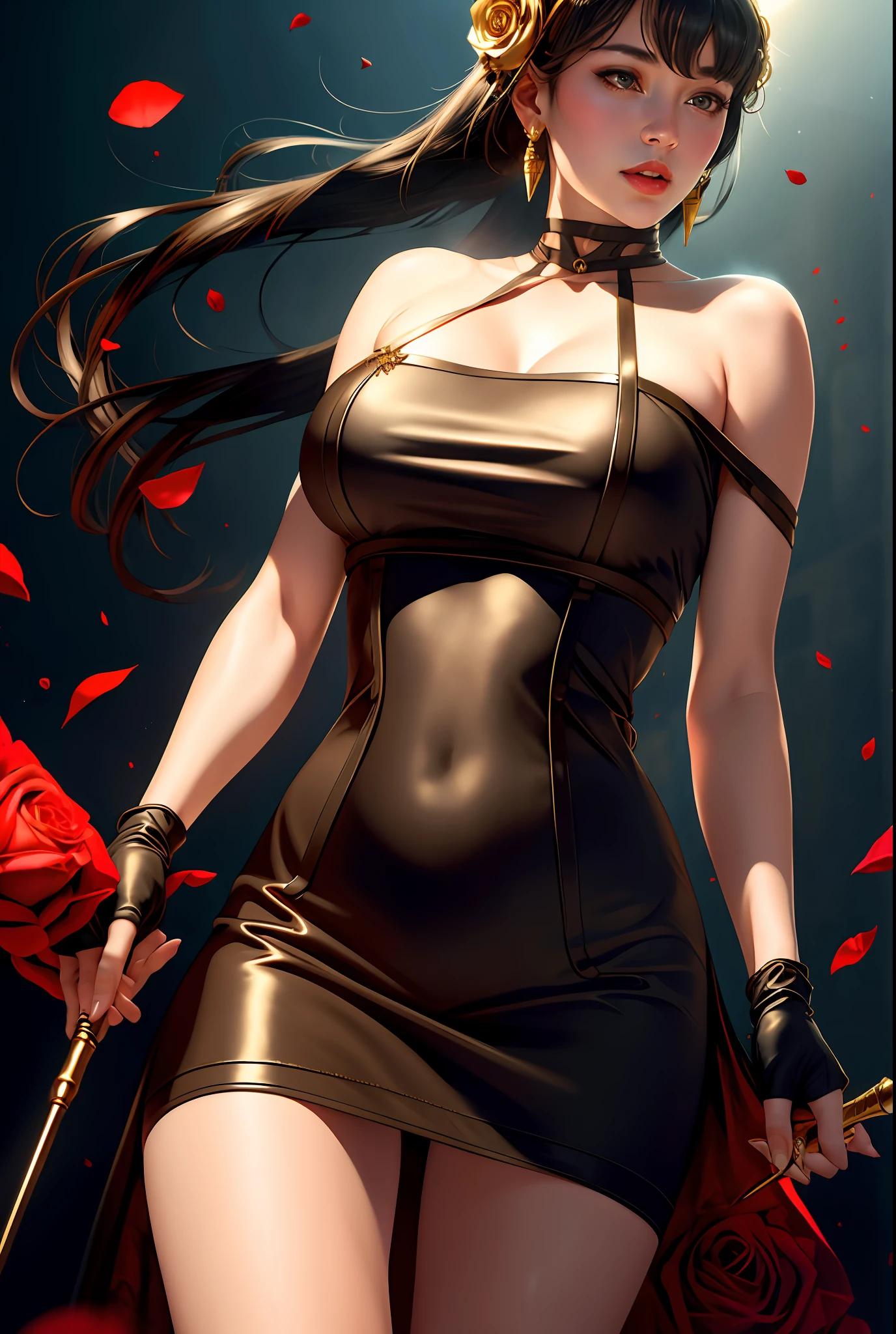 (8k, RAW photo,hyper realistic, highly sensitive, best quality, masterpiece, ultra high res,  photorealistic:1.25),overflowing breasts ,cityscape ,professional lighting, photon mapping, radiosity, yor briar, 1girl, backlighting, bare shoulders, black dress, black gloves, black long hair, large breasts, closed mouth, cowboy shot,leather dress, earrings, expressionless, fingerless gloves, floating hair, floral print, flower, gloves, gold earrings, gold hairband, hair flower, hair ornament, hairband, holding, holding weapon, jewelry, large breasts, light particles, long hair, looking at viewer, off-shoulder dress, off shoulder, petals, red eyes, rose, rose petals, rose print, short hair with long locks, sidelocks, solo, spikes, thighs, two-sided dress, two-sided fabric, weapon ,huge hips,