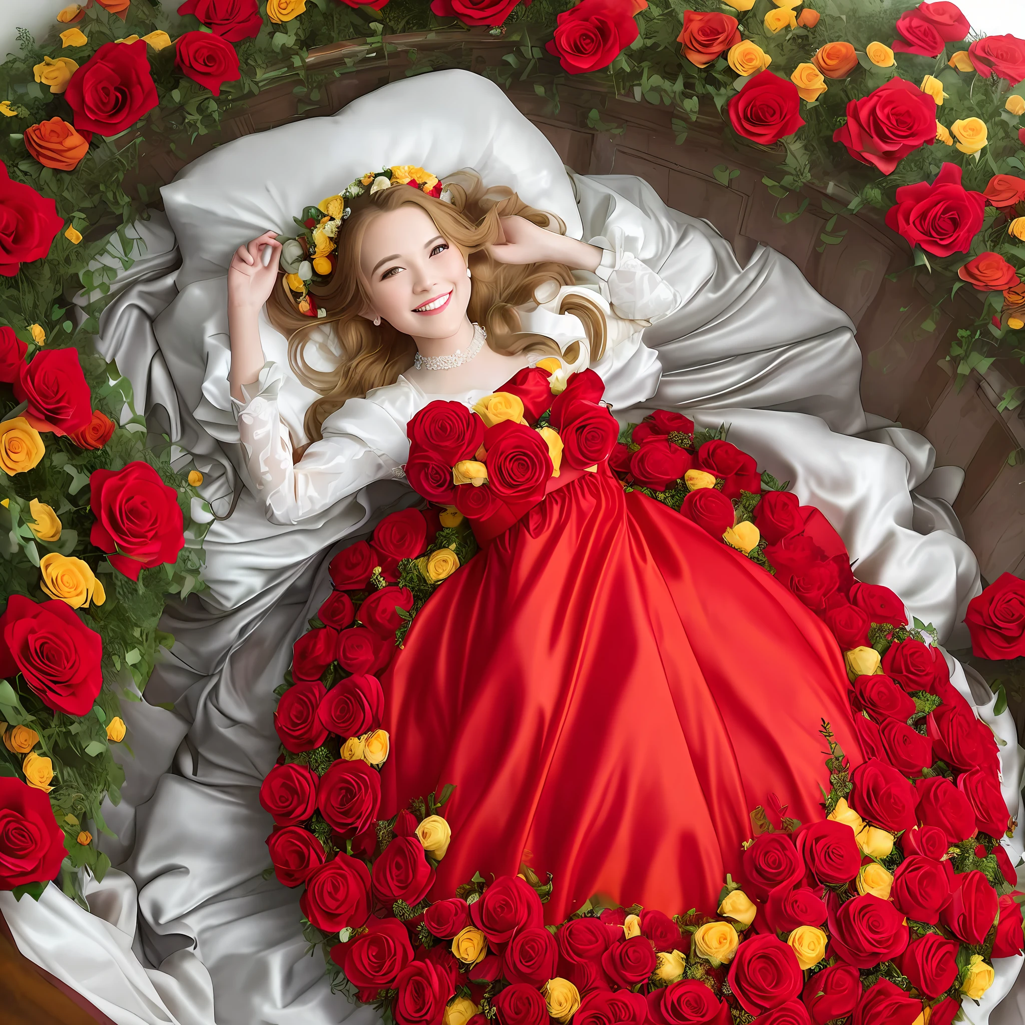 A woman, surrounded by a sea of red and yellow roses, she smiles mischievously, lies in her bed adorned with a magnificent wedding dress.