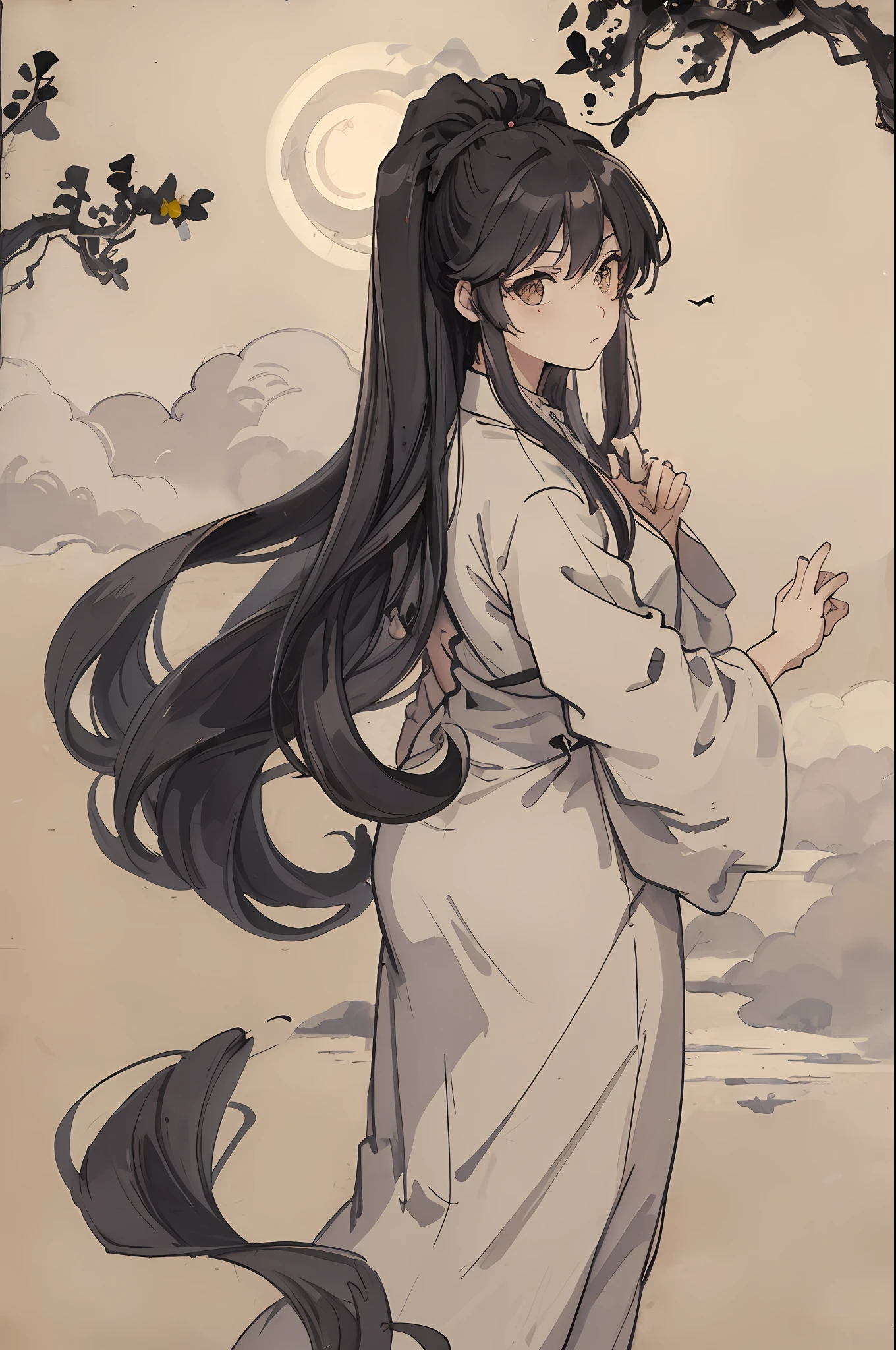 masterpiece, top quality, night, hill, clouds, full moon, long hair, woman, silhouette, firefly.