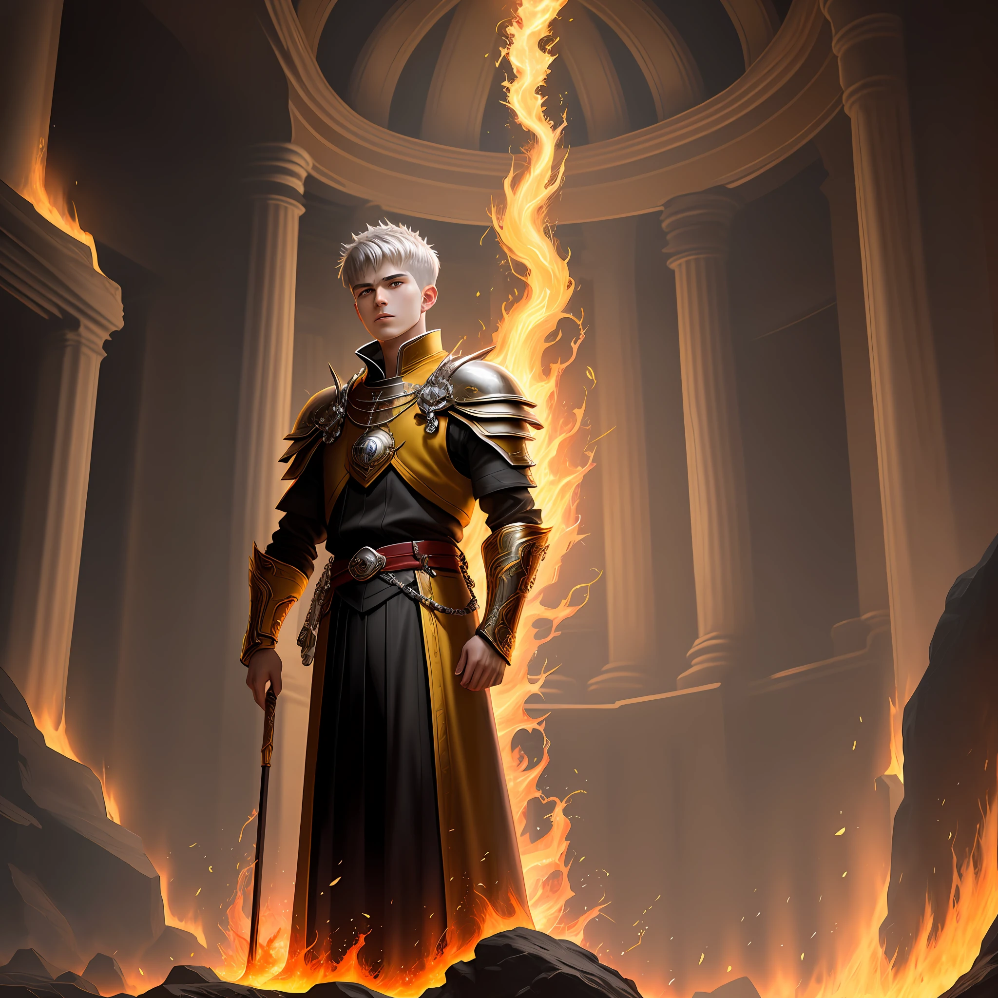 High detail, clarity, 8kk, Throne of Fire, young guy, 18 years old, light gray hair, short haircut, yellow eyes, standing near the throne of fire, fiery lava, realism, fantasy,