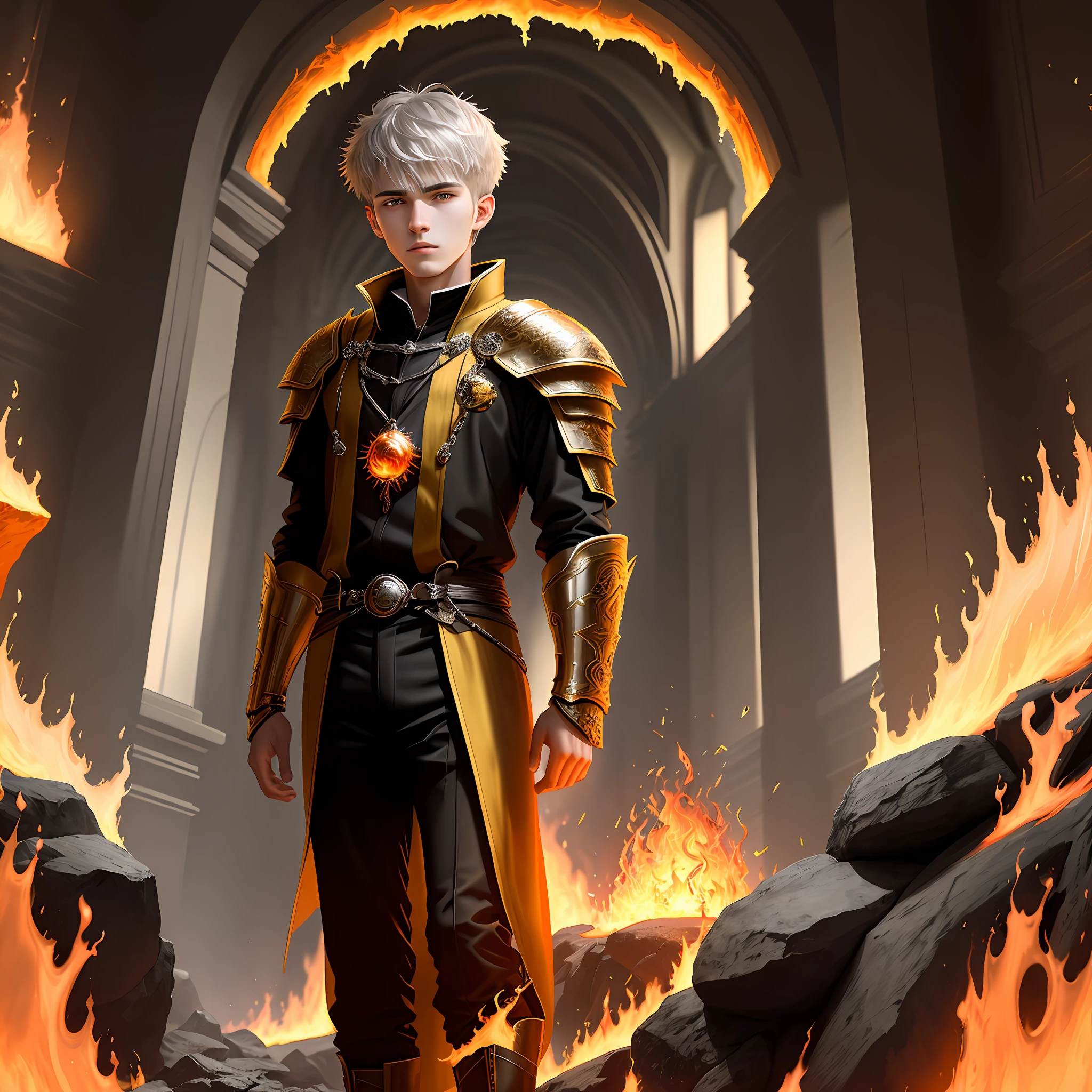 High detail, clarity, 8kk, Throne of Fire, young guy, 18 years old, light gray hair, short haircut, yellow eyes, standing near the throne of fire, fiery lava, realism, fantasy,