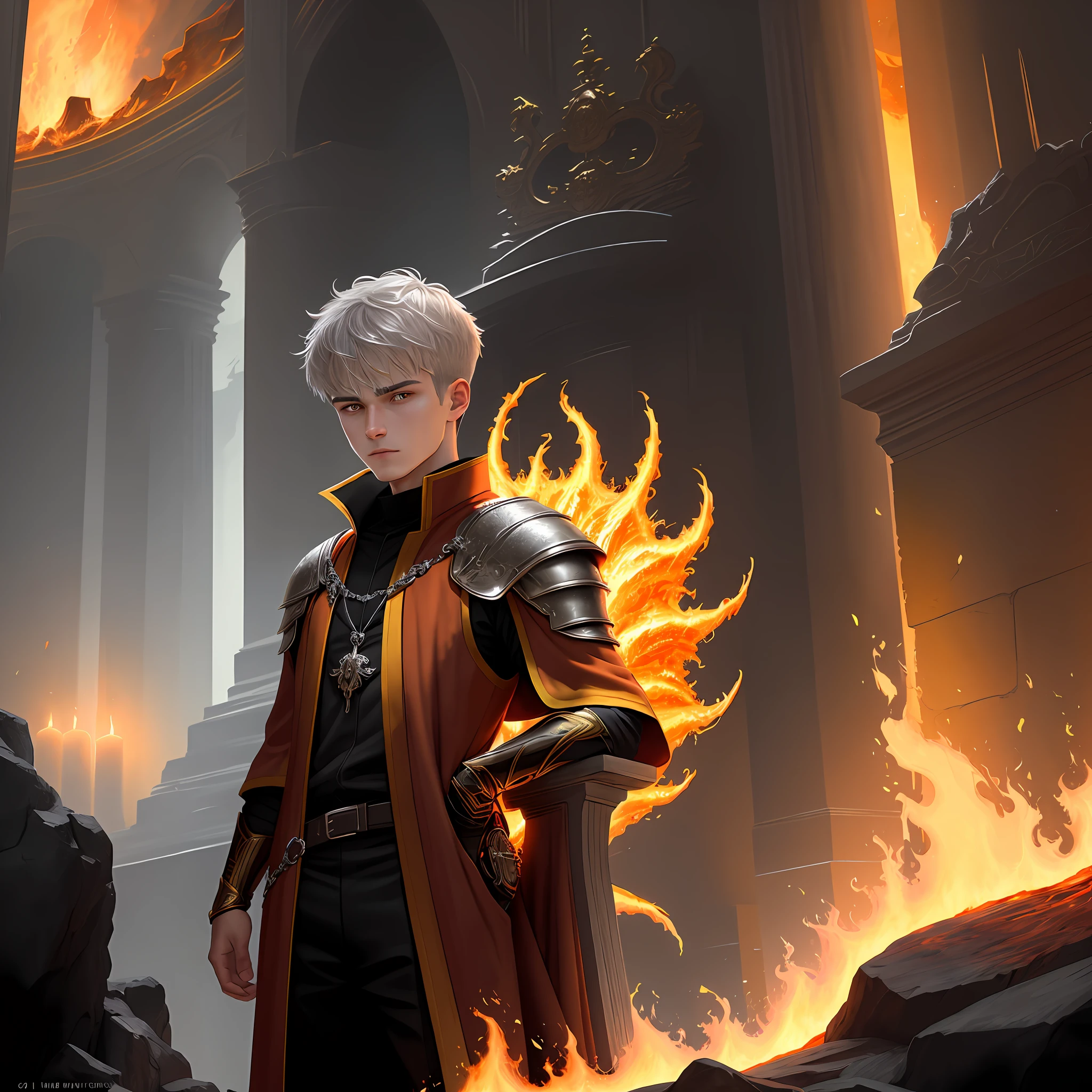 High detail, clarity, 8kk, Throne of Fire, young guy, 18 years old, light gray hair, short haircut, yellow eyes, standing near the throne of fire, fiery lava, realism, fantasy,